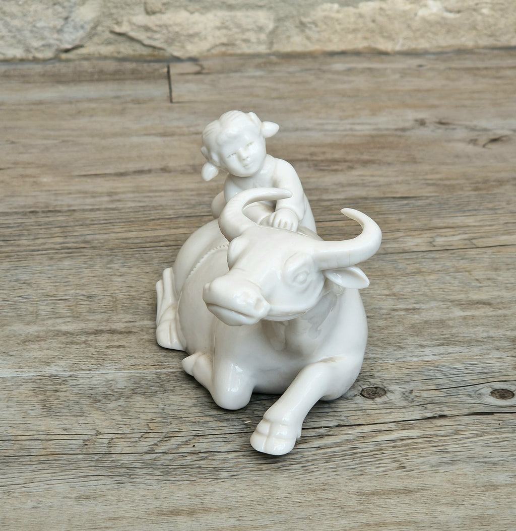 Vintage Chinese Blanc De Chine Porcelain Figurine Girl Riding Water Buffalo Ox Ceramic Home Ornament