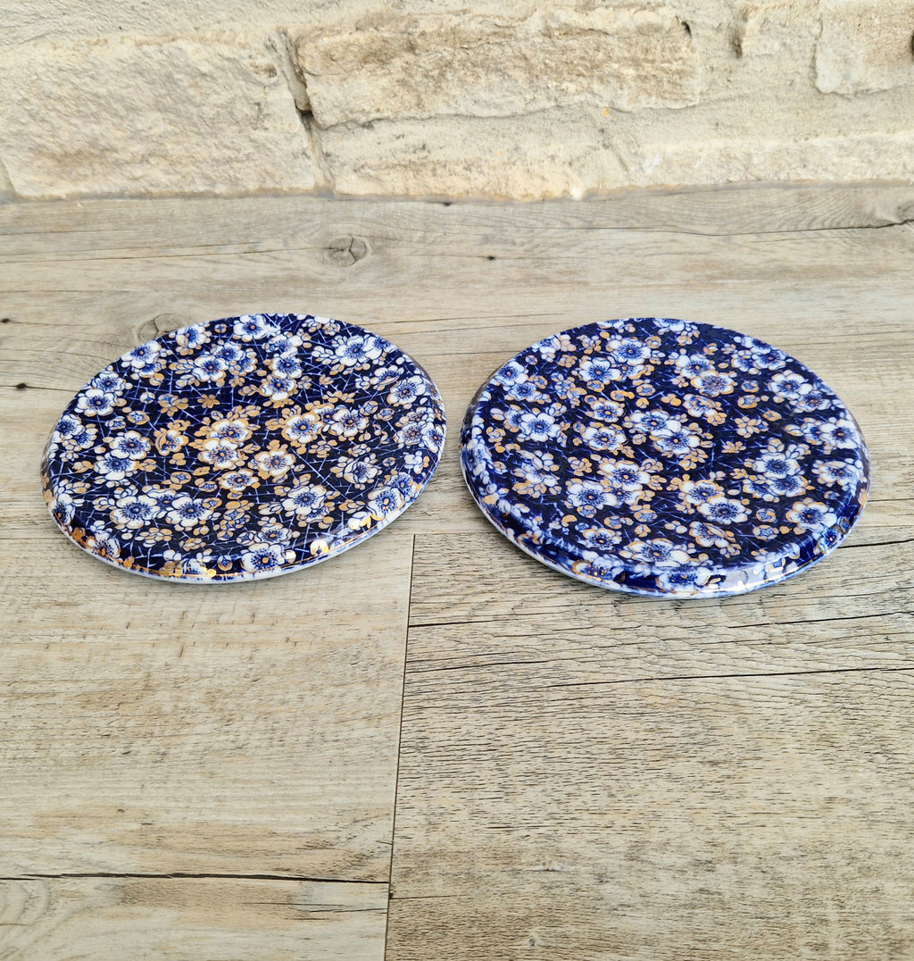 Pair of Rare Antique Trivets Gilt Blue & White Hawthorn Pattern Round Stoneware Trivets 17cm
