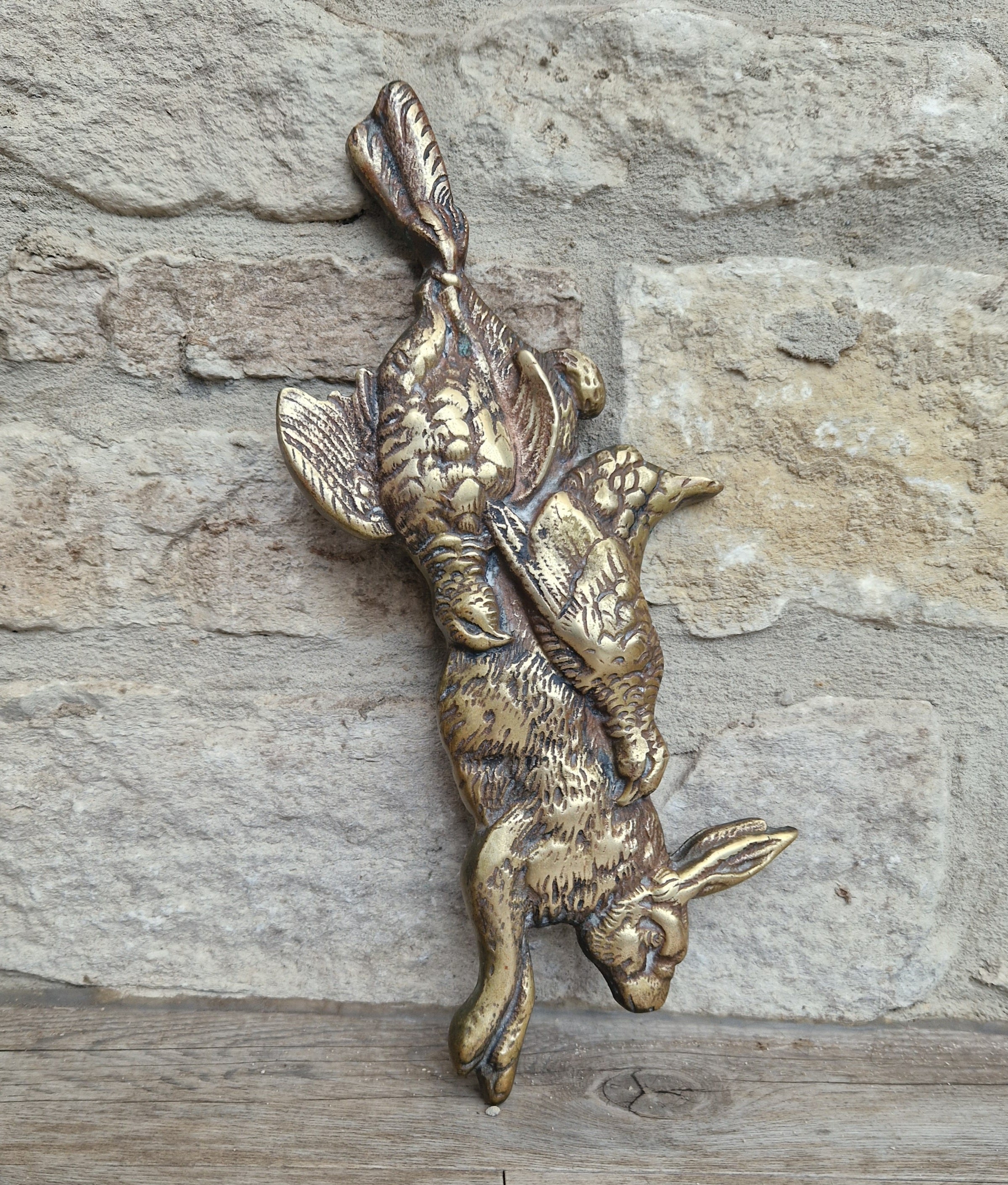 Victorian Cast Brass Wall Game Hanger Hare & Brace Of Partridge Kitchenalia