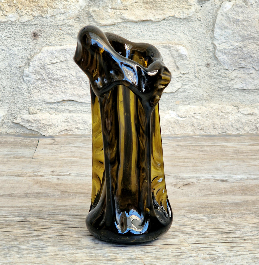 Vintage 1970s Polish Wołomin Hand Blown Smoked Amber Art Glass Pulled Freeform Ribbed Vase Rare Piece