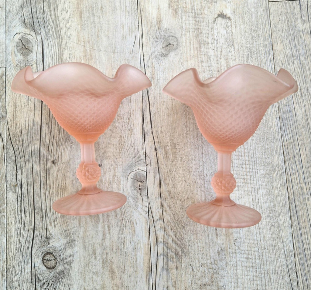 Vintage Pink Satin Glass Hobnail Pedestal Sundae Dessert Glasses Set of 2 Retro Dishes