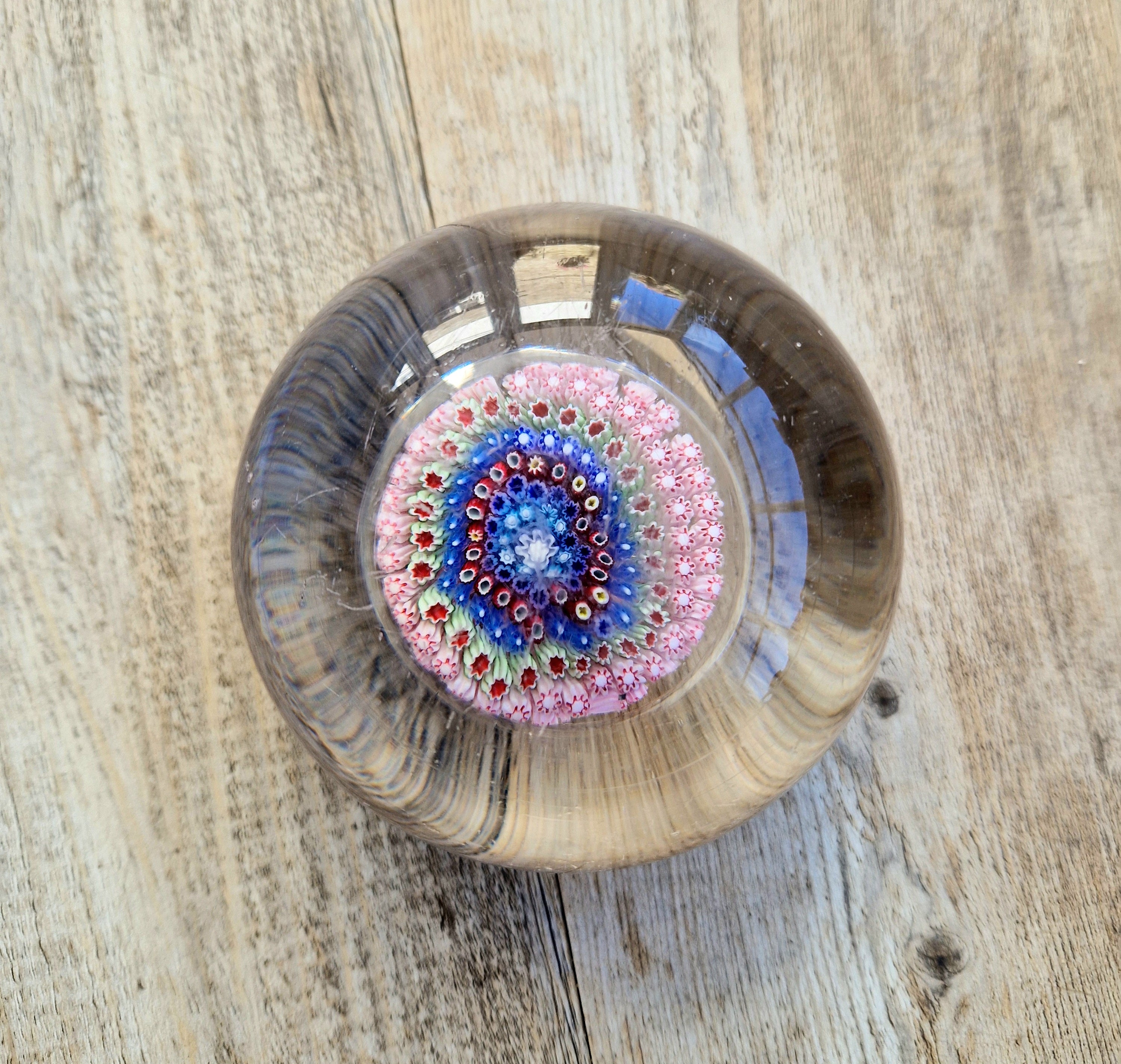 Old English Richardsons Magnum Concentric Millifiore Canes Footed Glass Paperweight