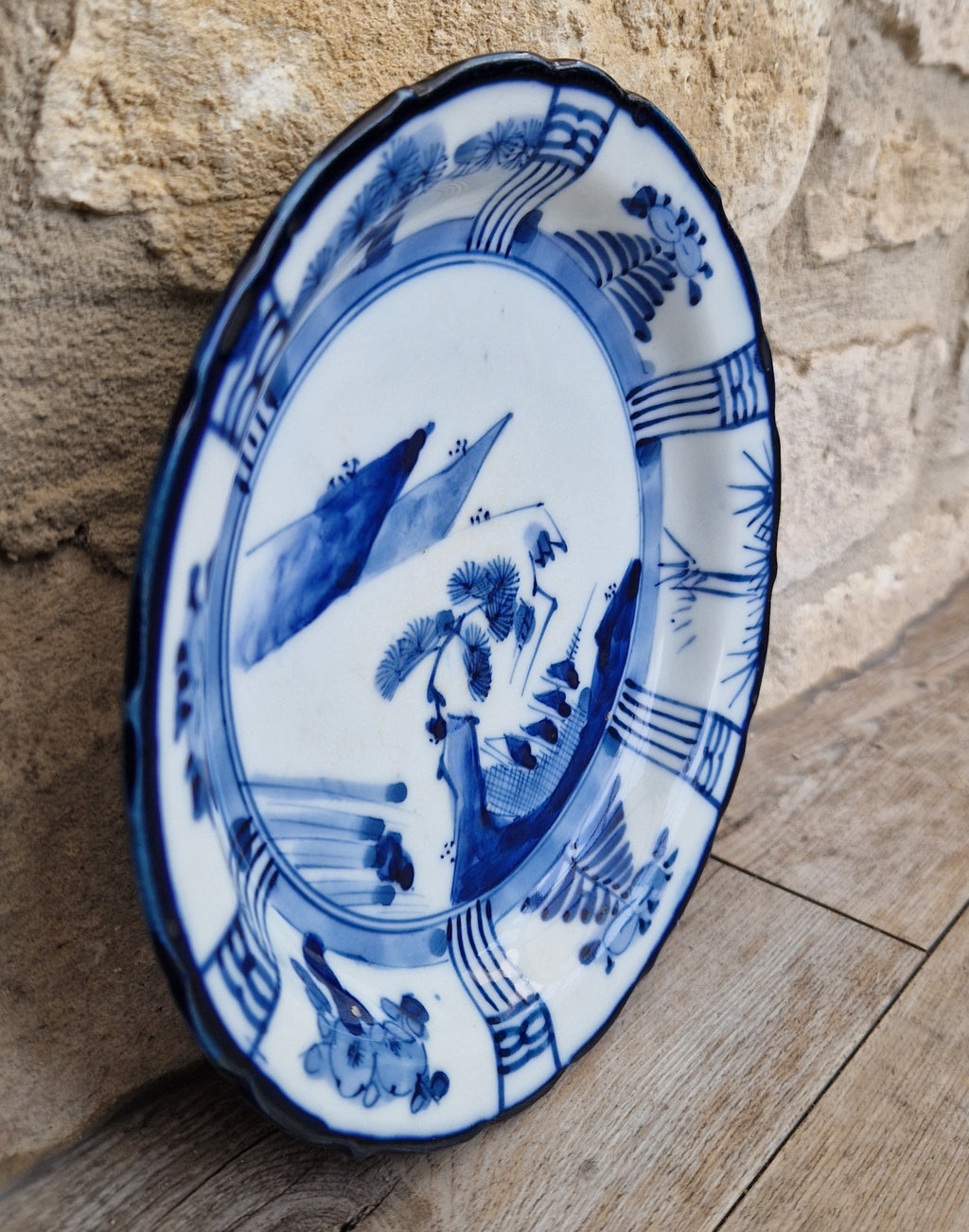 Japanese Ceramic Namasu-Zara Dish Blue & White Arita Edo 'Scholar's Retreat' Kraak Style Rare Antique