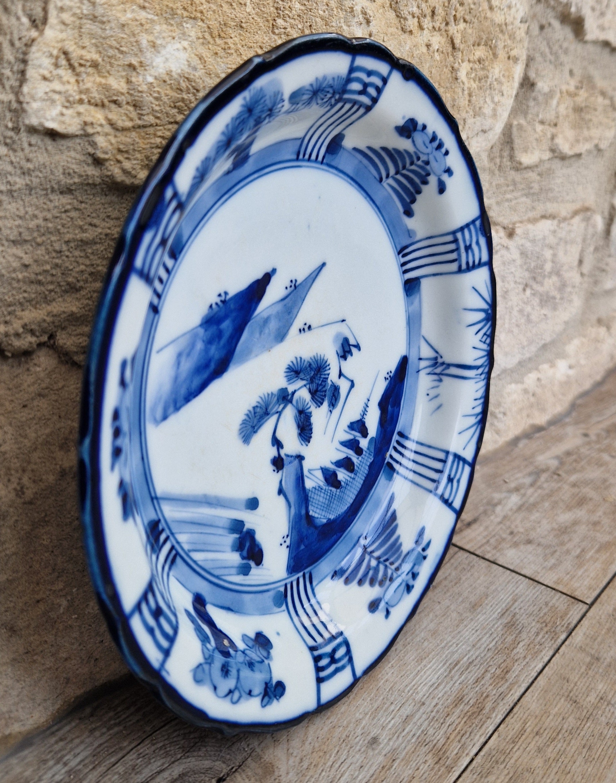Japanese Ceramic Namasu-Zara Dish Blue & White Arita Edo 'Scholar's Retreat' Kraak Style Rare Antique