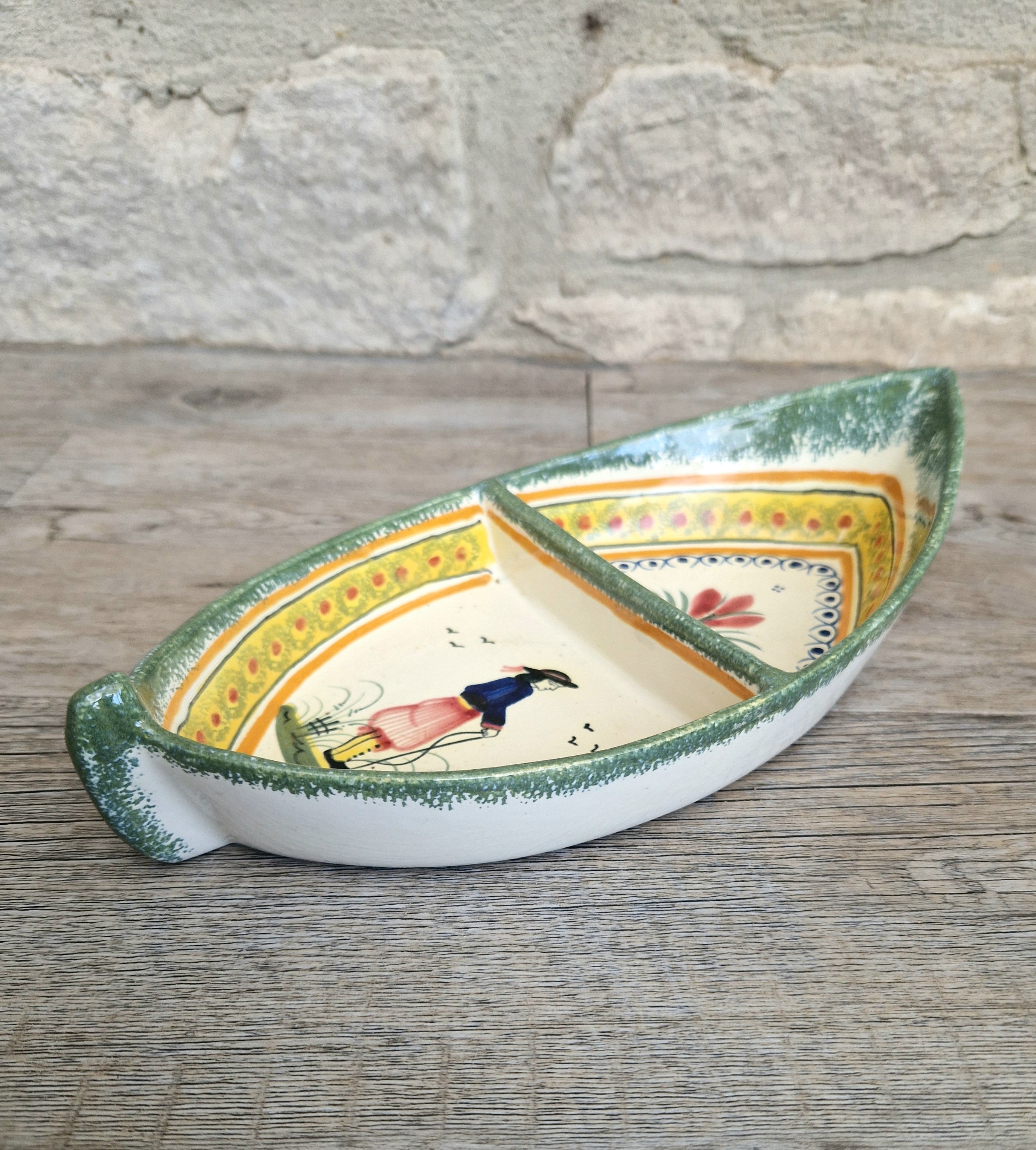 Vintage Henriot Quimper Faience Ceramic Boat Shape Divided Serving Dish