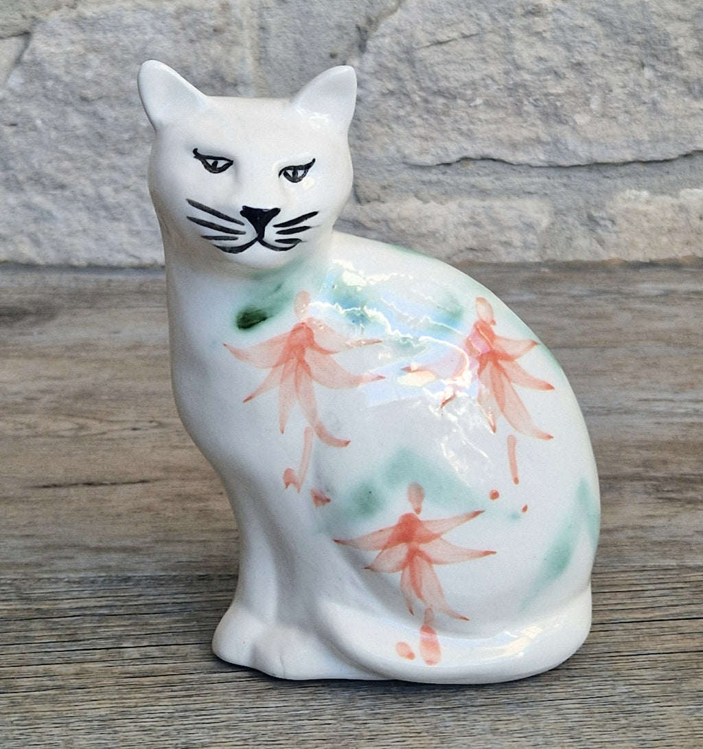 Vintage Moorland Pottery Seated Cat Figurine Hand Painted Fuchsia Floral Staffordshire Art Pottery