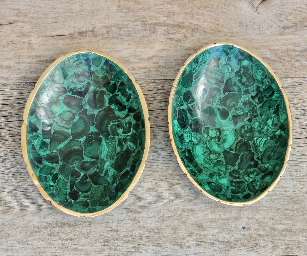 Pair of Stunning Fine Midcentury Malachite & Brass Oval Vide Poche Catch-All Decorative Bowls