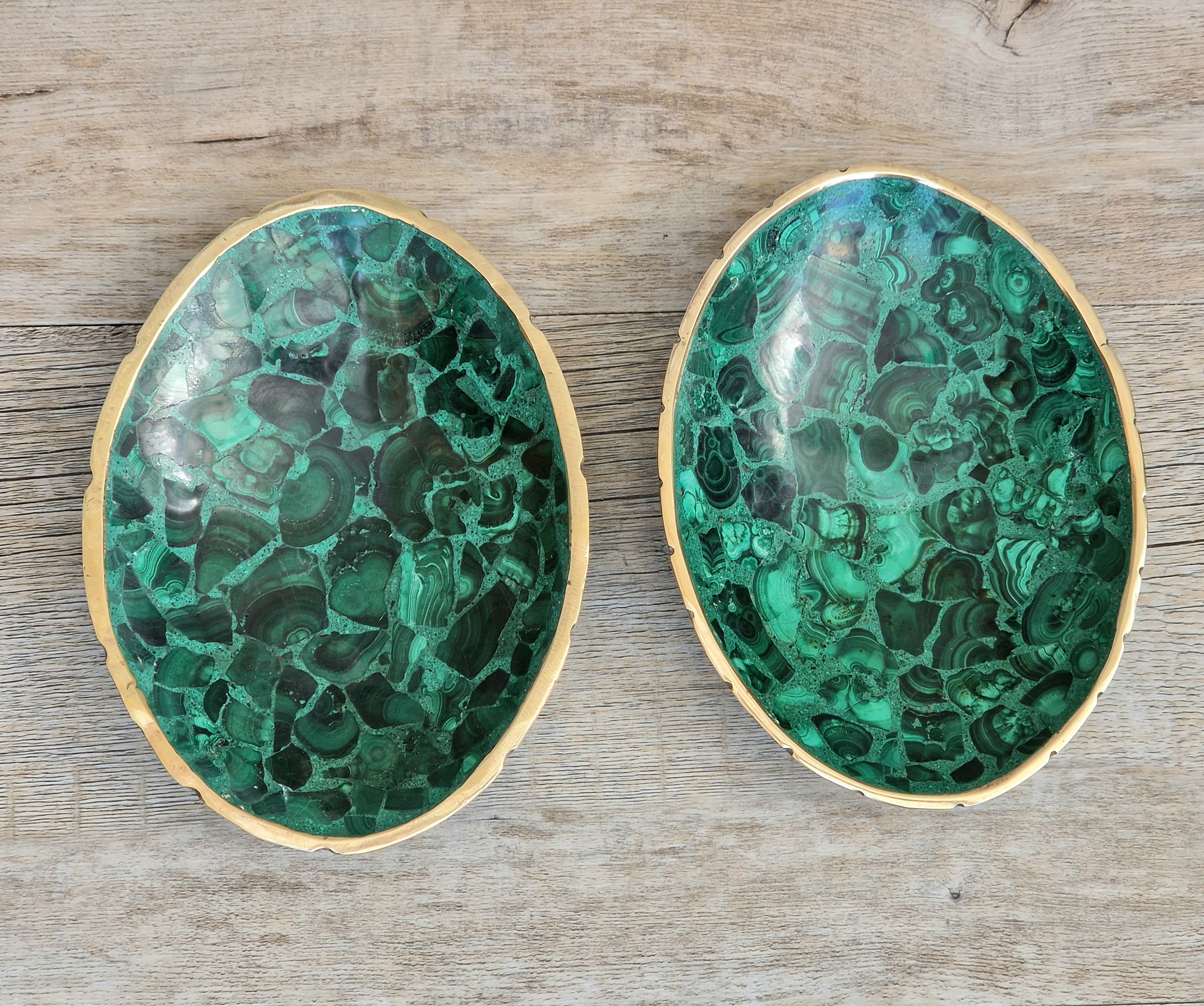 Pair of Stunning Fine Midcentury Malachite & Brass Oval Vide Poche Catch-All Decorative Bowls