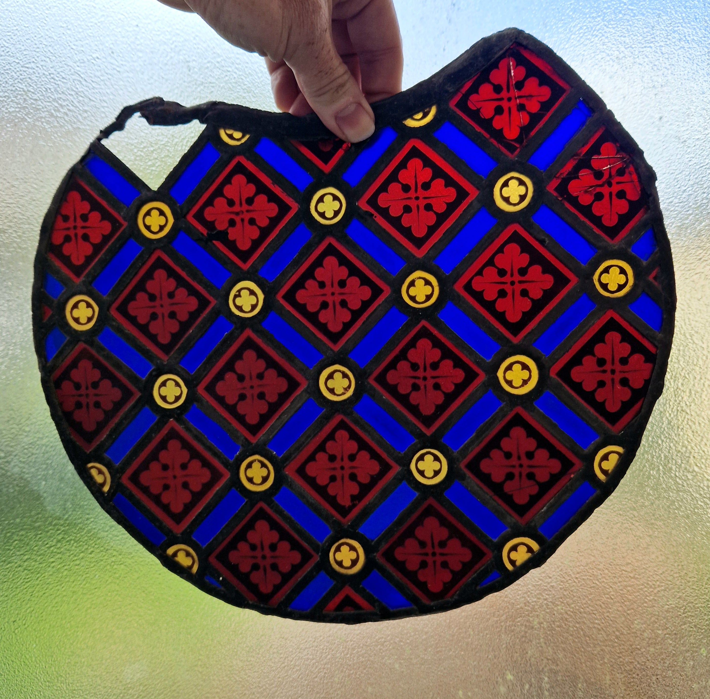 Rare Antique Early 19th Century French Gothic Revival Stained Glass Roundel Panel - Medieval Style Diaper Pattern