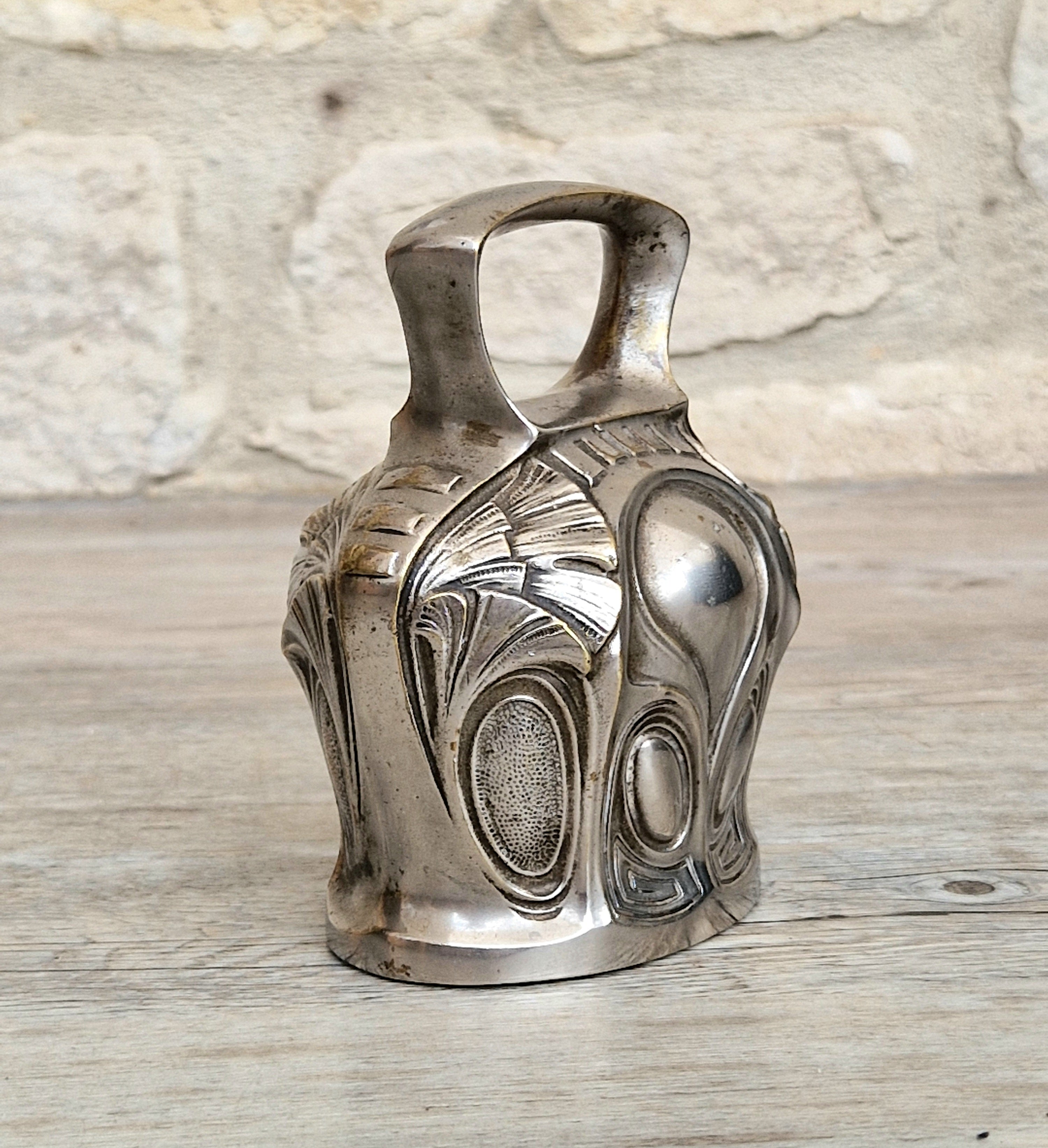 Antique Art Nouveau Silvered Bronze Large Ornate Decorated Table Bell