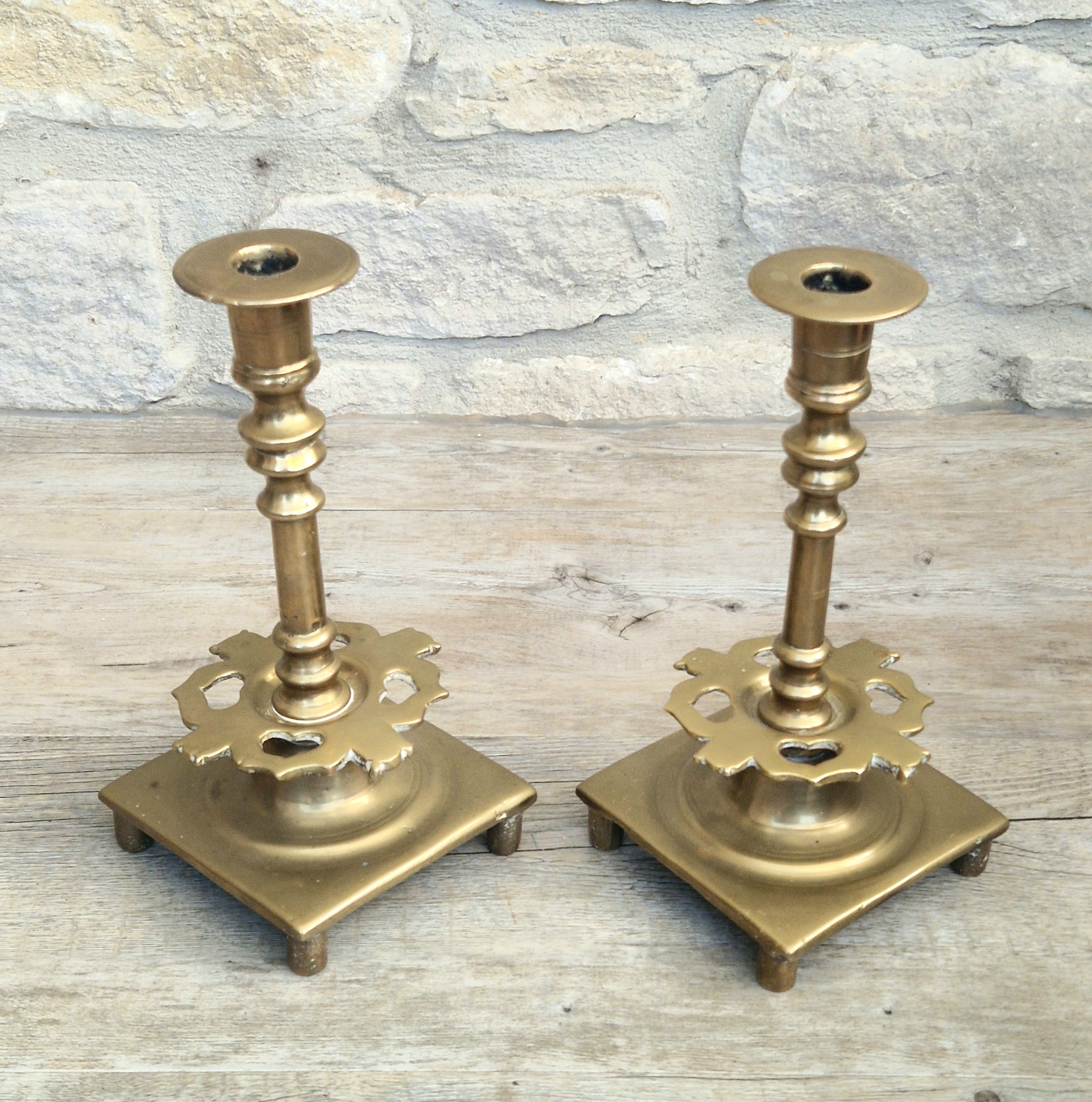 18th Century Solid Turned Brass Russian Sabbat Candle Holder Sticks Very Rare