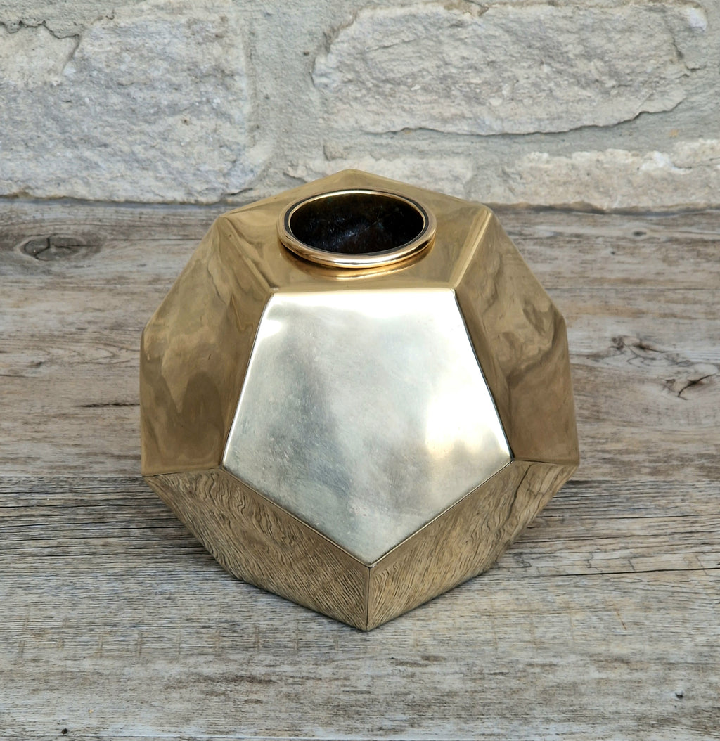 Antique Geometric Brass Dodecahedron Vase Secessionist Jugendstil Planter With Copper Removable Insert Liner