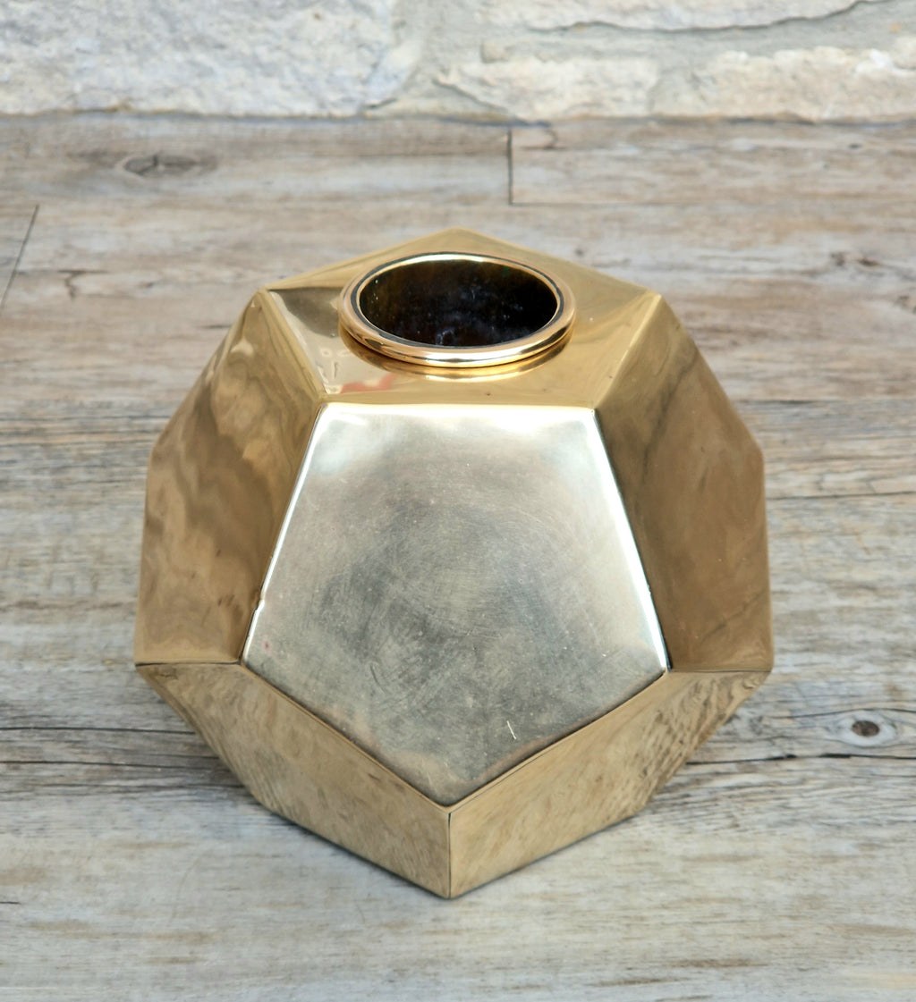 Antique Geometric Brass Dodecahedron Vase Secessionist Jugendstil Planter With Copper Removable Insert Liner