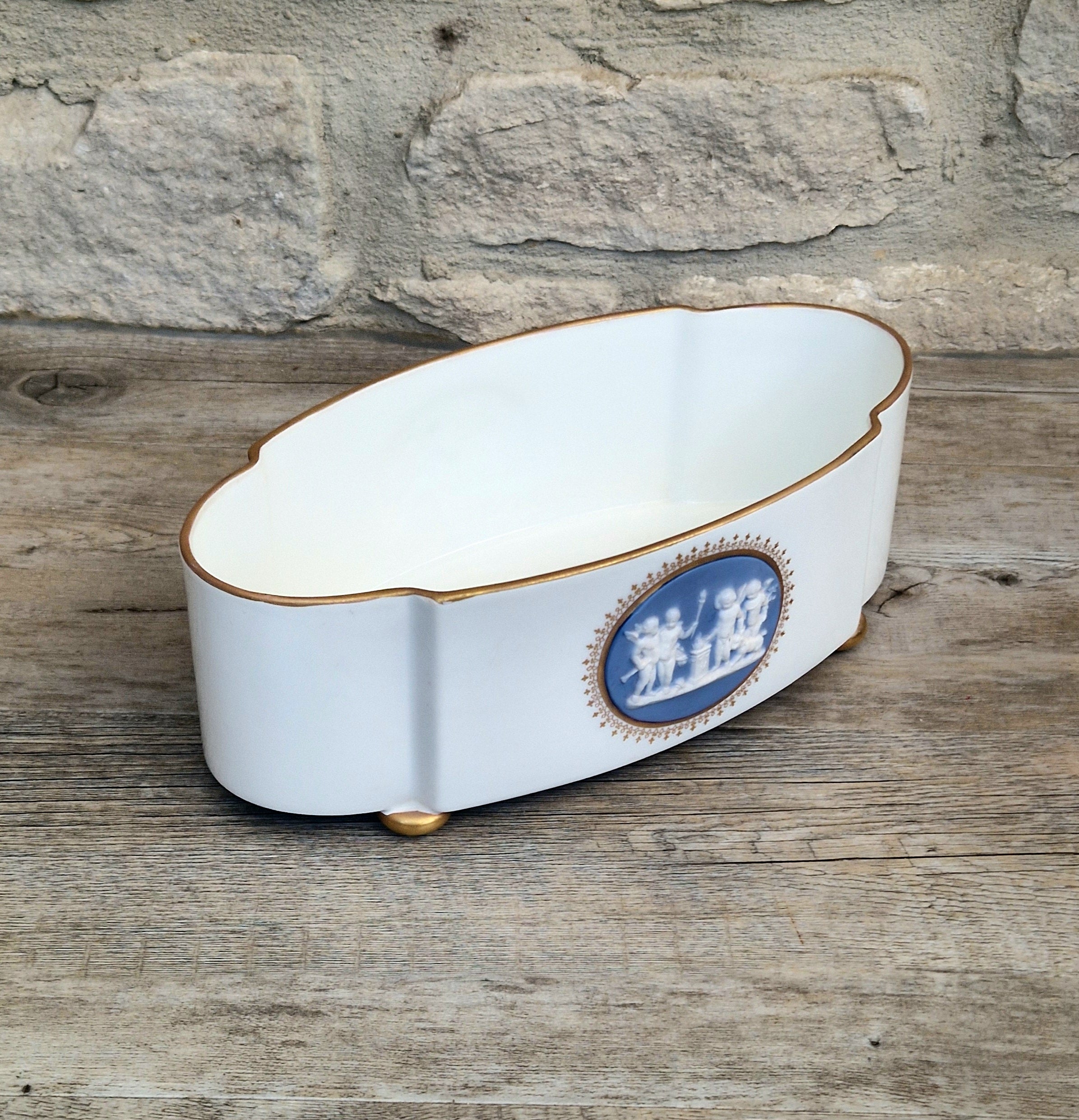Vintage Vista Alegre Footed Centerpiece, White and Gold Porcelain Scalloped Planter Bowl Blue Jasperware Cherub Cameo