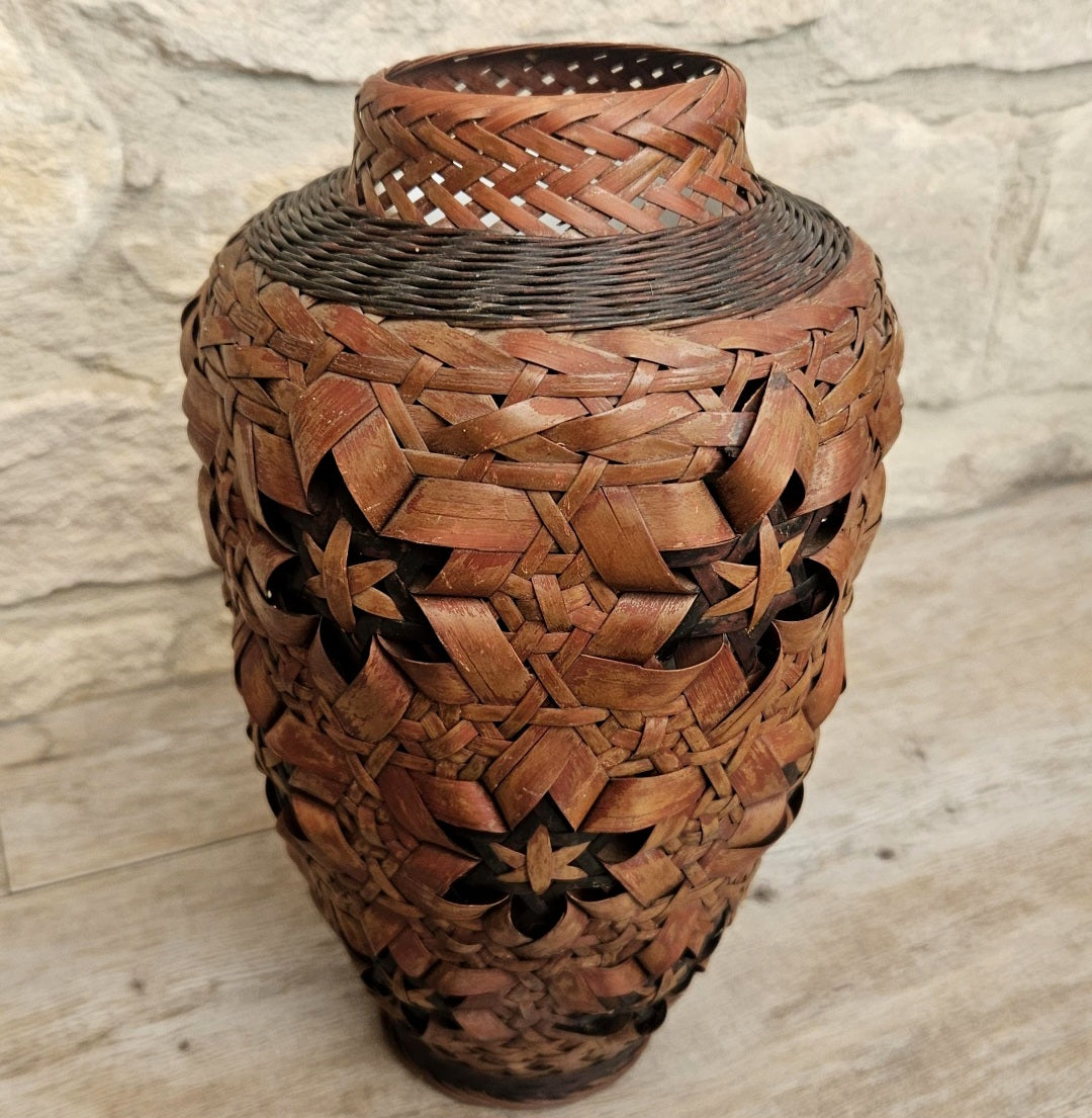 Vintage Japanese Ikebana Vase, Rattan Wrapped Ceramic Insert, Floral Arrangement Vessel, 26cm Tall Decor Piece