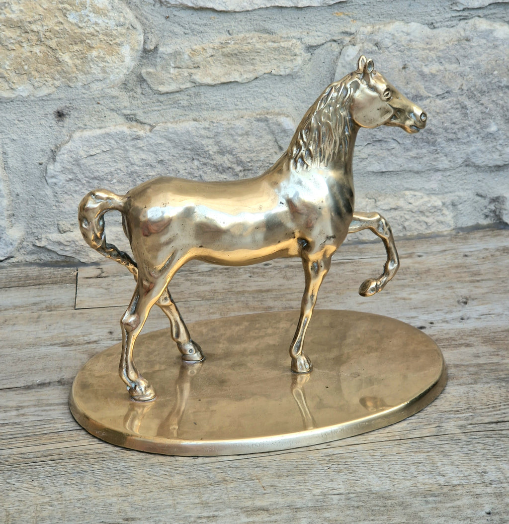Vintage Solid Brass Horse Statue 22cm Large Heavy Equestrian Trotting Figurine On Base 1.9kg