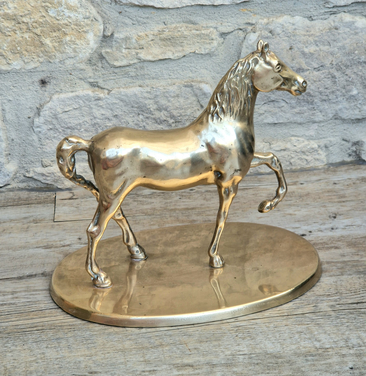 Vintage Solid Brass Horse Statue 22cm Large Heavy Equestrian Trotting Figurine On Base 1.9kg