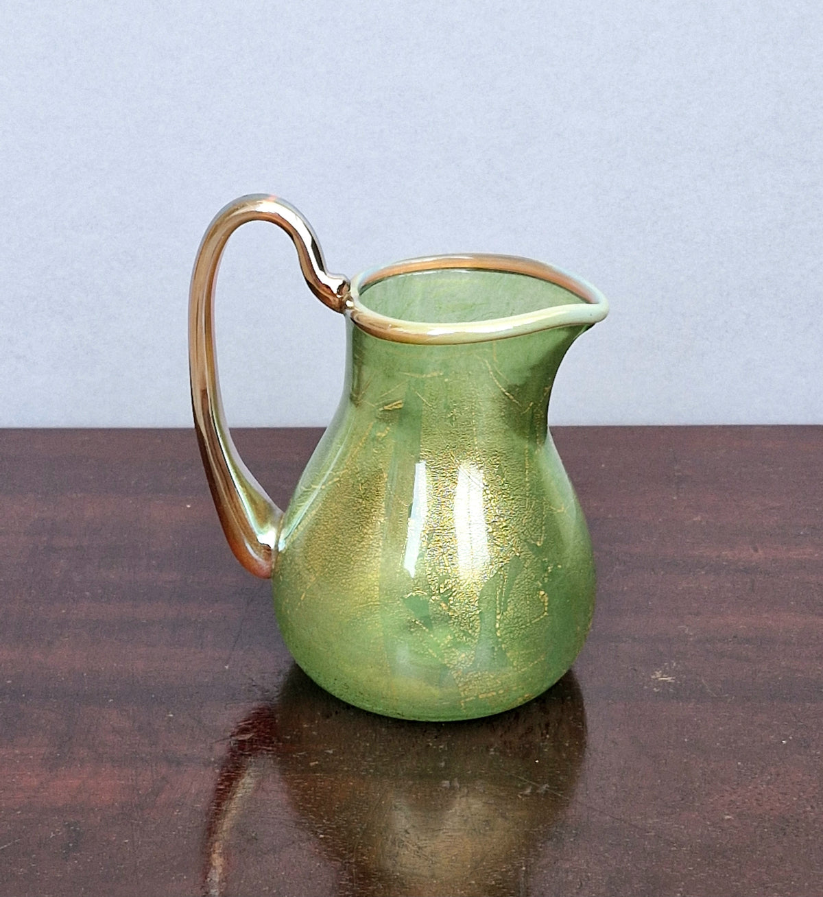Antique Probable Salviati Dott. Murano Glass Jug, Green Gold Leaf, Venetian c.1875–1890, Handblown 13.5cm Rare