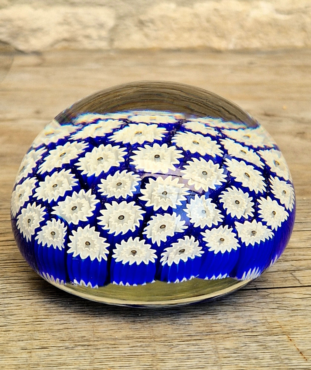 ALT Studio Murano Glass Deep Blue & White Star Flower Millifiore Paperweight