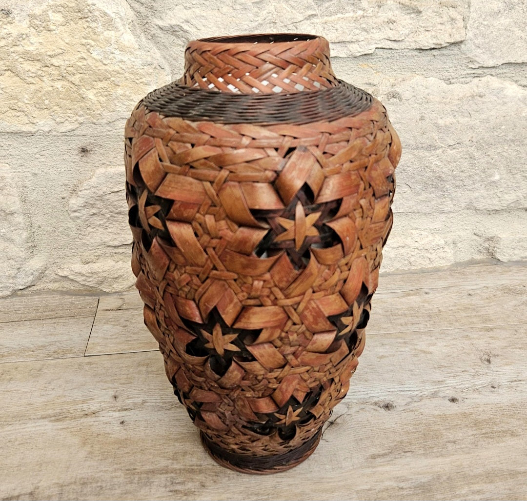 Vintage Japanese Ikebana Vase, Rattan Wrapped Ceramic Insert, Floral Arrangement Vessel, 26cm Tall Decor Piece