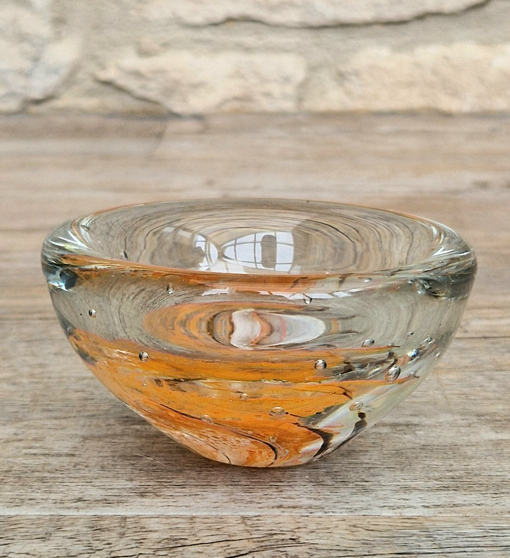 Vintage 1970s Isle of Wight Tortoiseshell Glass Bowl Signed Flame Mark Michael Harris 9cm
