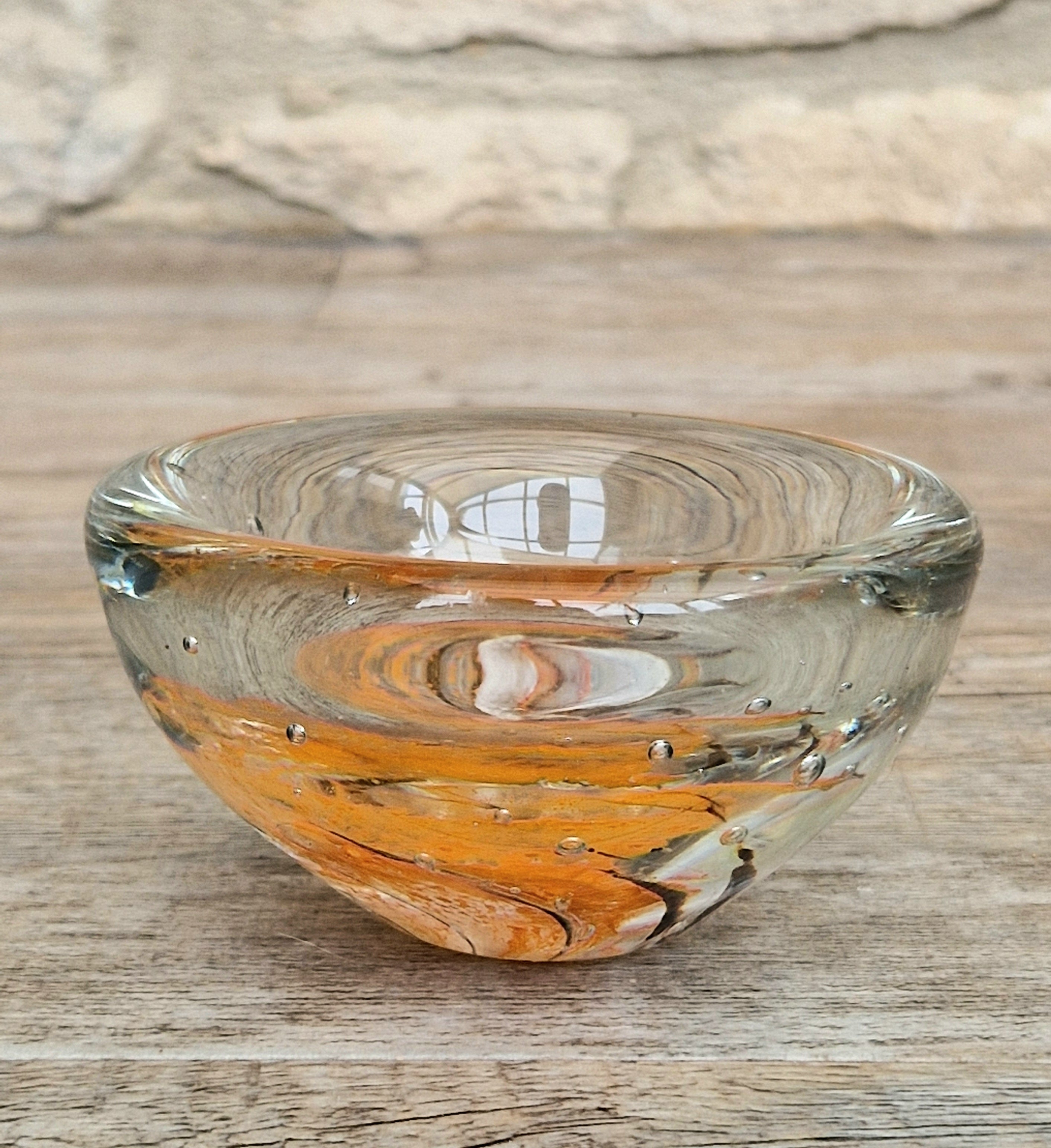 Vintage 1970s Isle of Wight Tortoiseshell Glass Bowl Signed Flame Mark Michael Harris 9cm