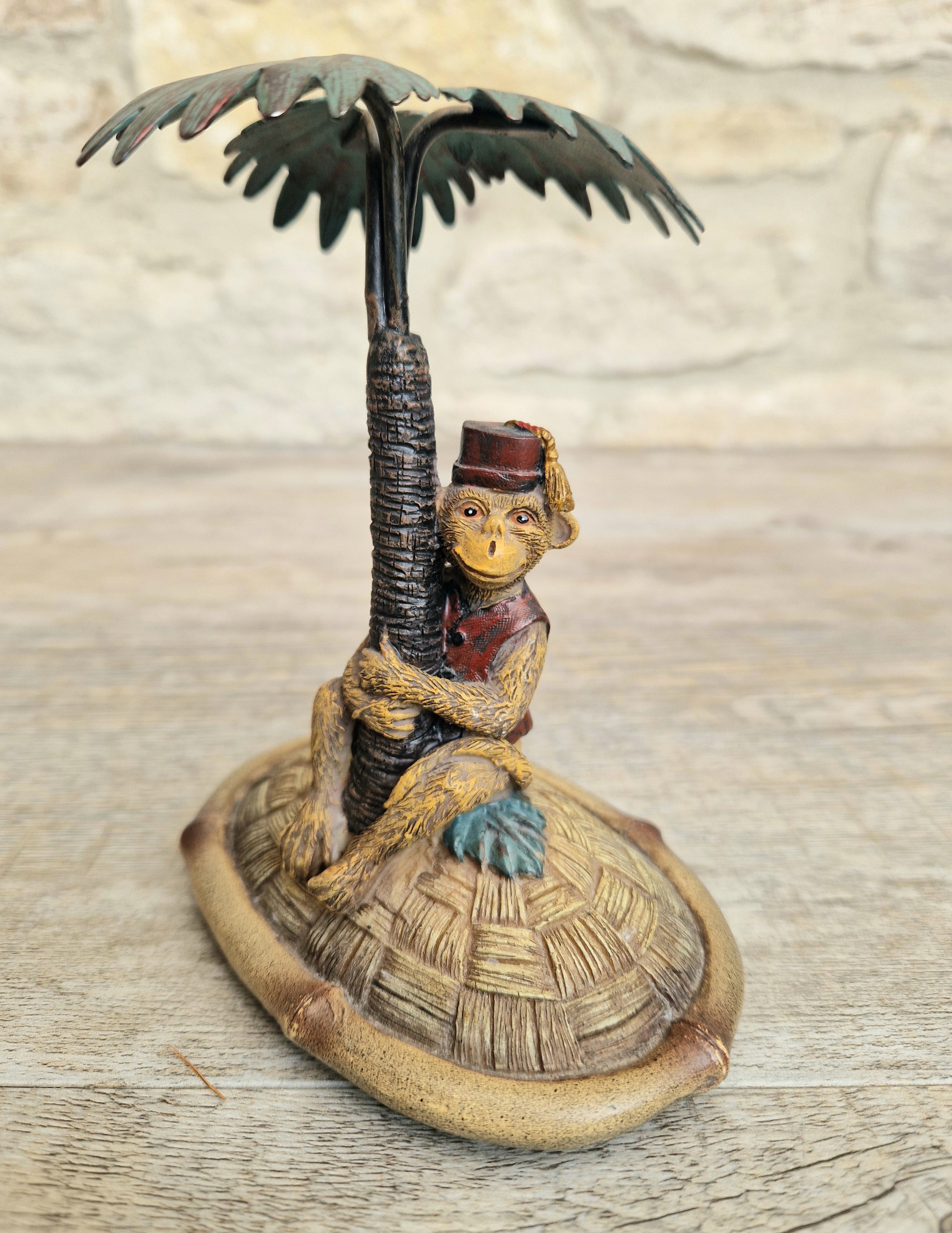 Vintage Novelty Monkey in Fez on Palm Tree Resin Trinket Pot .1980s Heavy Resin Decorative Monkey Lidded Trinket Pot 20cm Tall 916 Grams