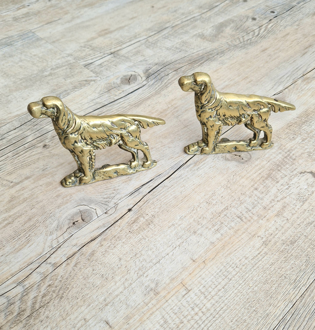 Pair of Vintage Brass Irish Setter Dogs Half Mold Stand Desk Ornaments
