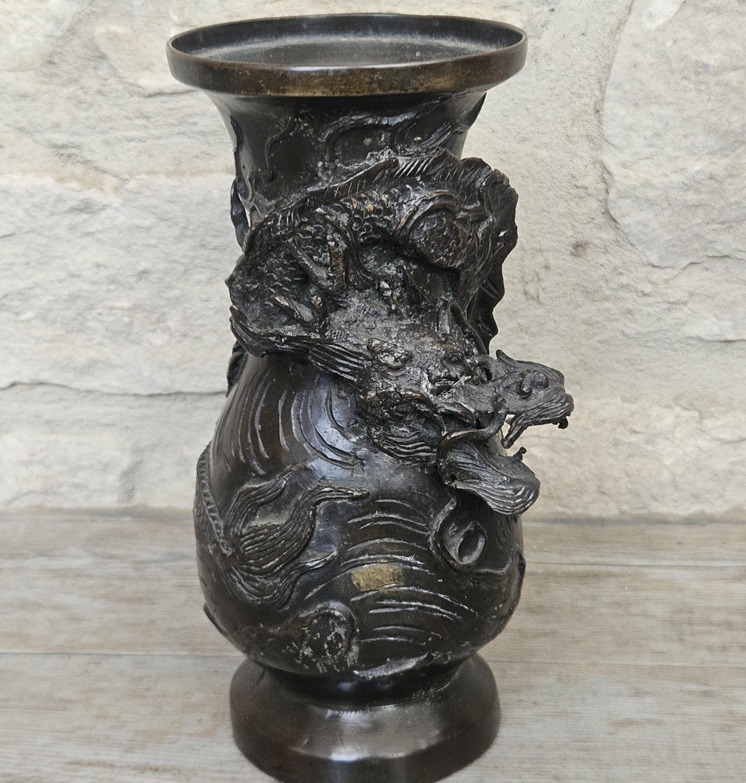 Antique Japanese Bronze Dragon Vase, Meiji Period 19th Century Asian Art Decor 18cm