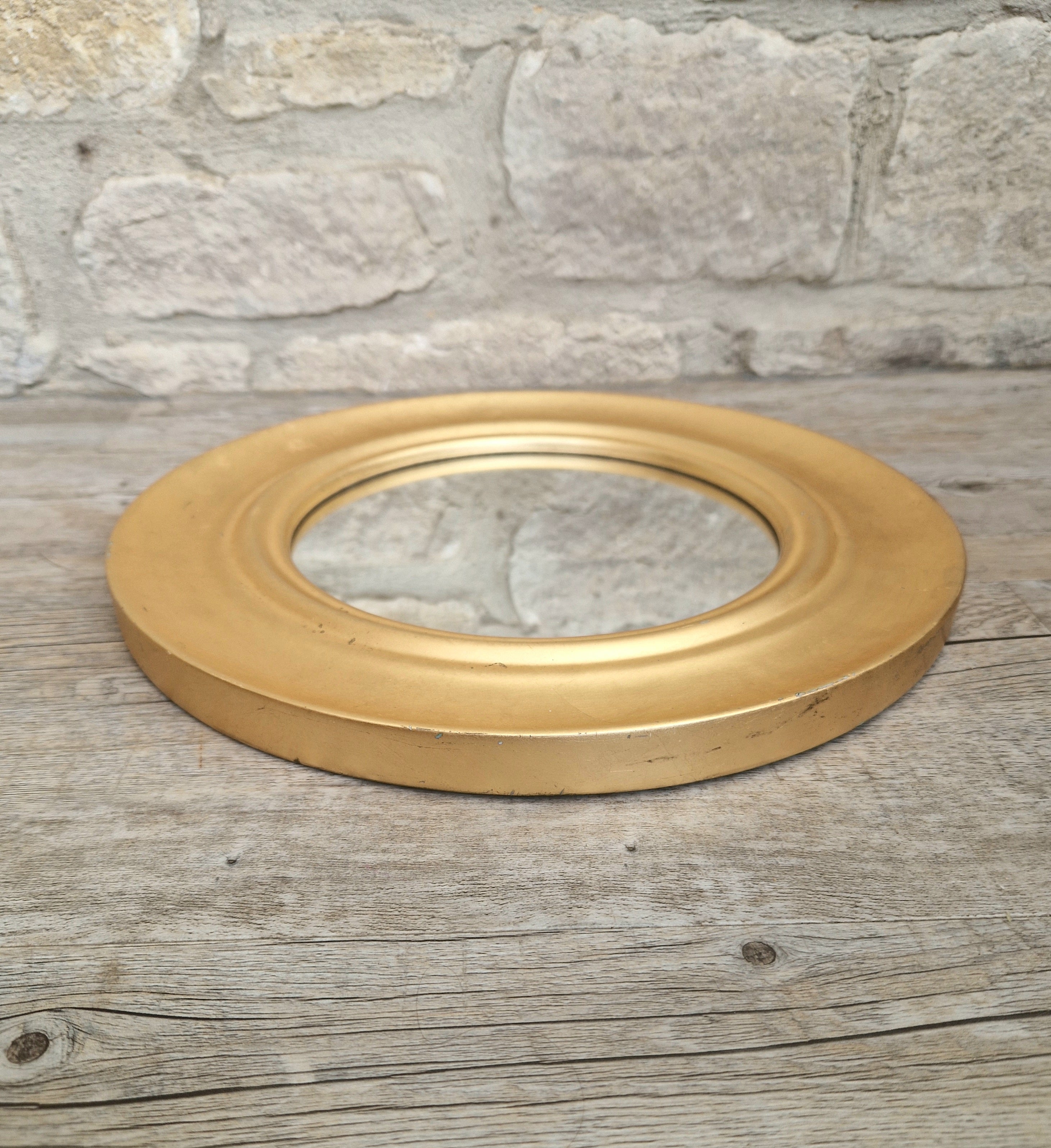 Vintage Gold Gilt Frame Round Wall Mirror Resin 33cm Diameter Hollywood Regency