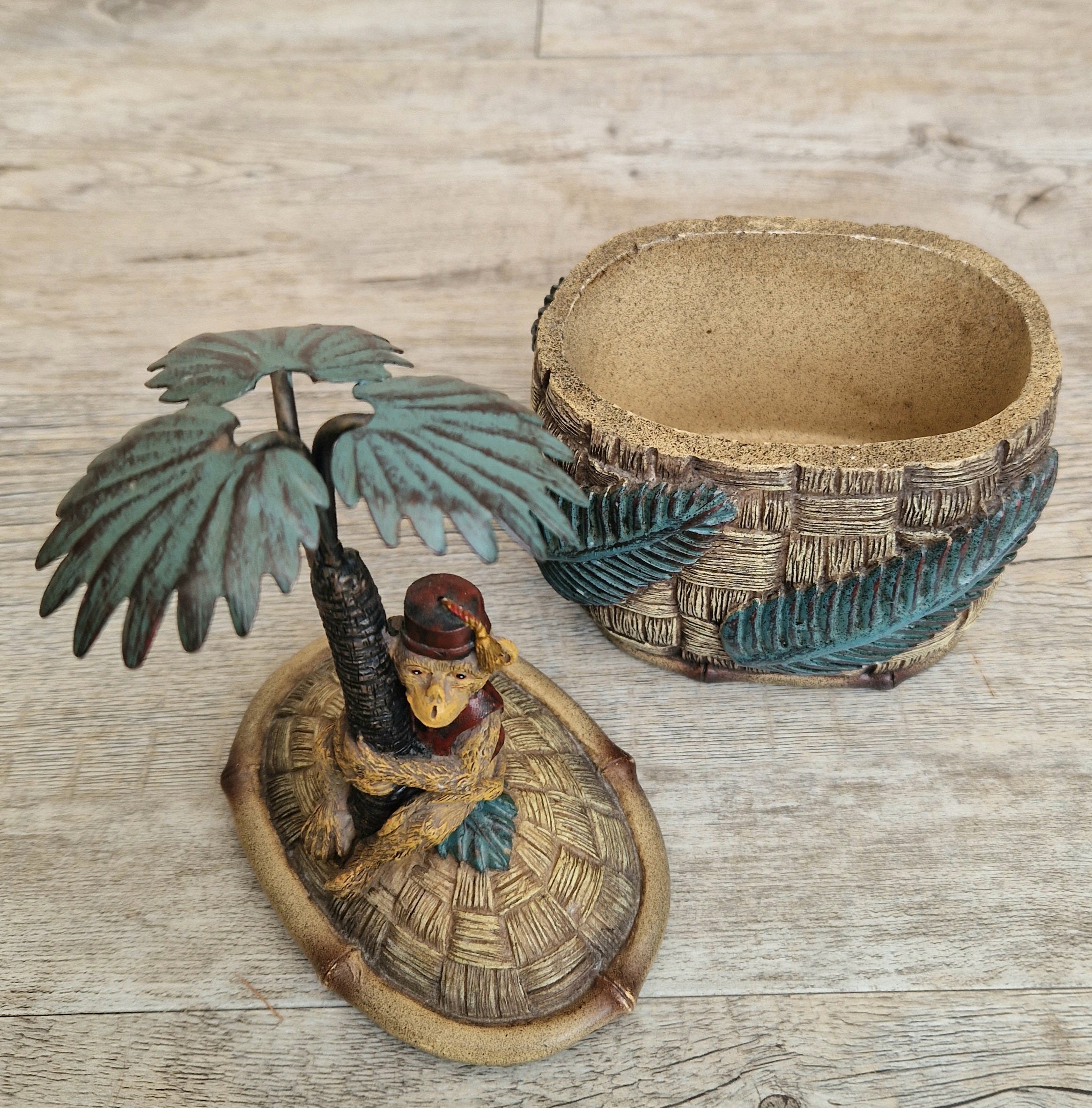 Vintage Novelty Monkey in Fez on Palm Tree Resin Trinket Pot .1980s Heavy Resin Decorative Monkey Lidded Trinket Pot 20cm Tall 916 Grams