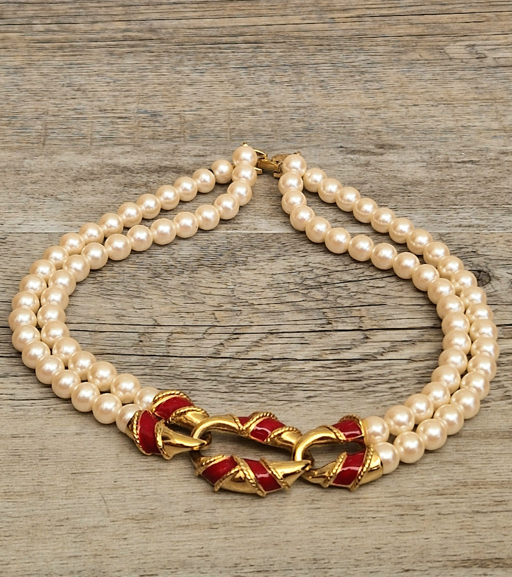 Vintage Double Strand Faux Pearl Necklace with bold gold and red enamel Statement Embellished Richelieu 40cm