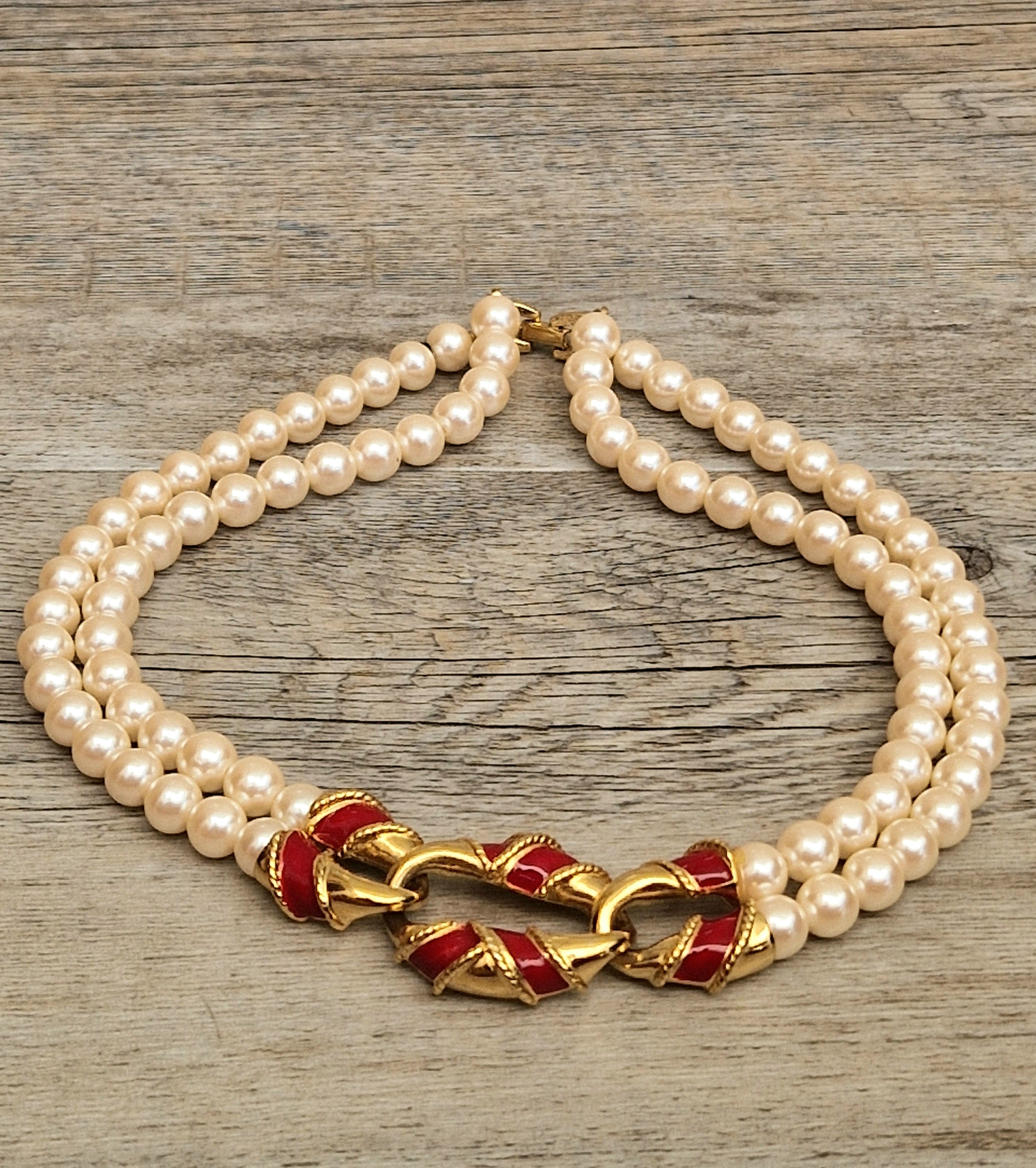 Vintage Double Strand Faux Pearl Necklace with bold gold and red enamel Statement Embellished Richelieu 40cm