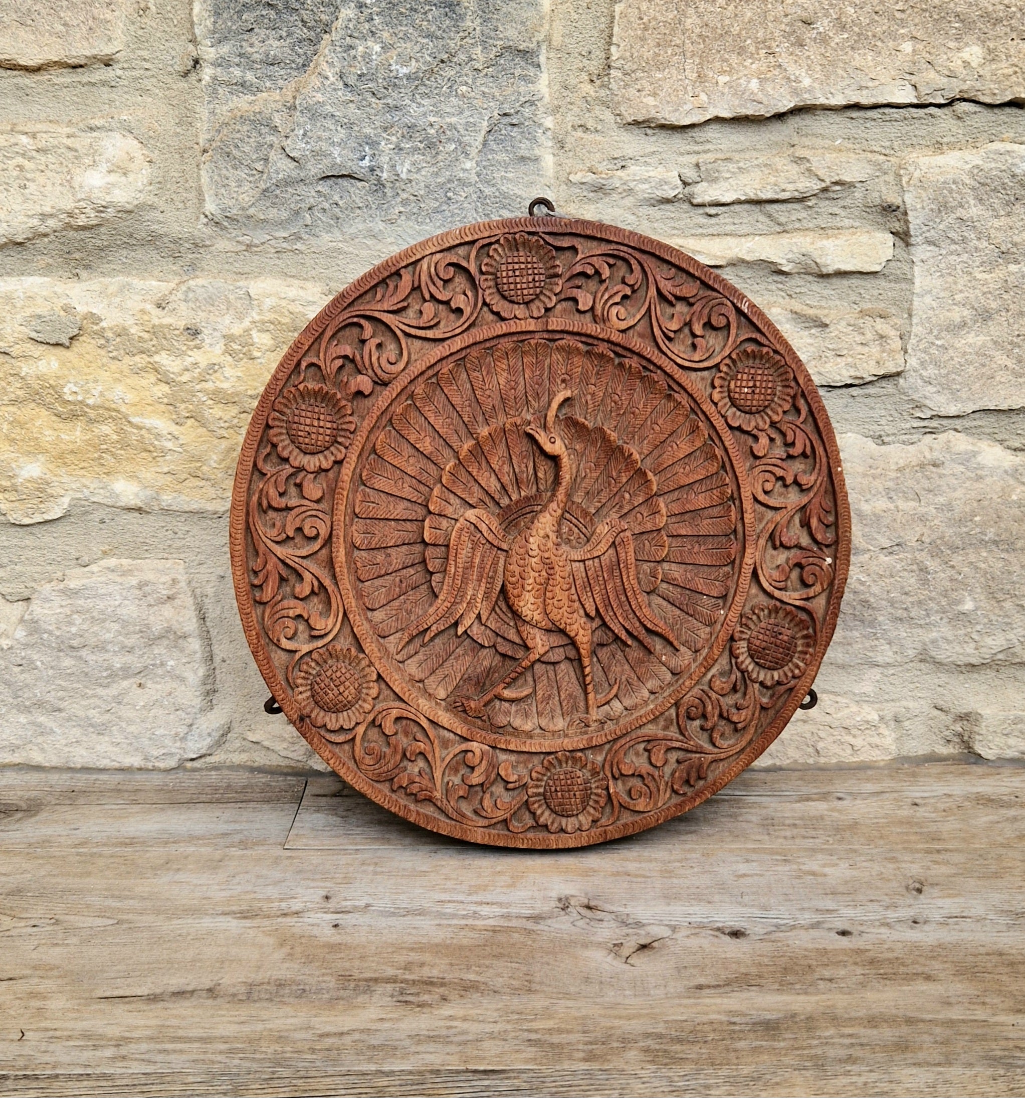 19th c. Colonial Anglo-Indian Hand-Carved Teak Wood Dancing Peacock Disc Panel 30cm