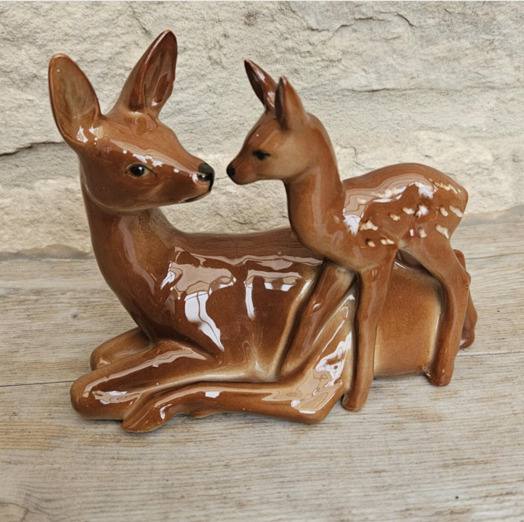 Bambi Doe and Fawn Porcelain Ornament Figurine Mid Century Deer Ornament Collectible Woodland Decor