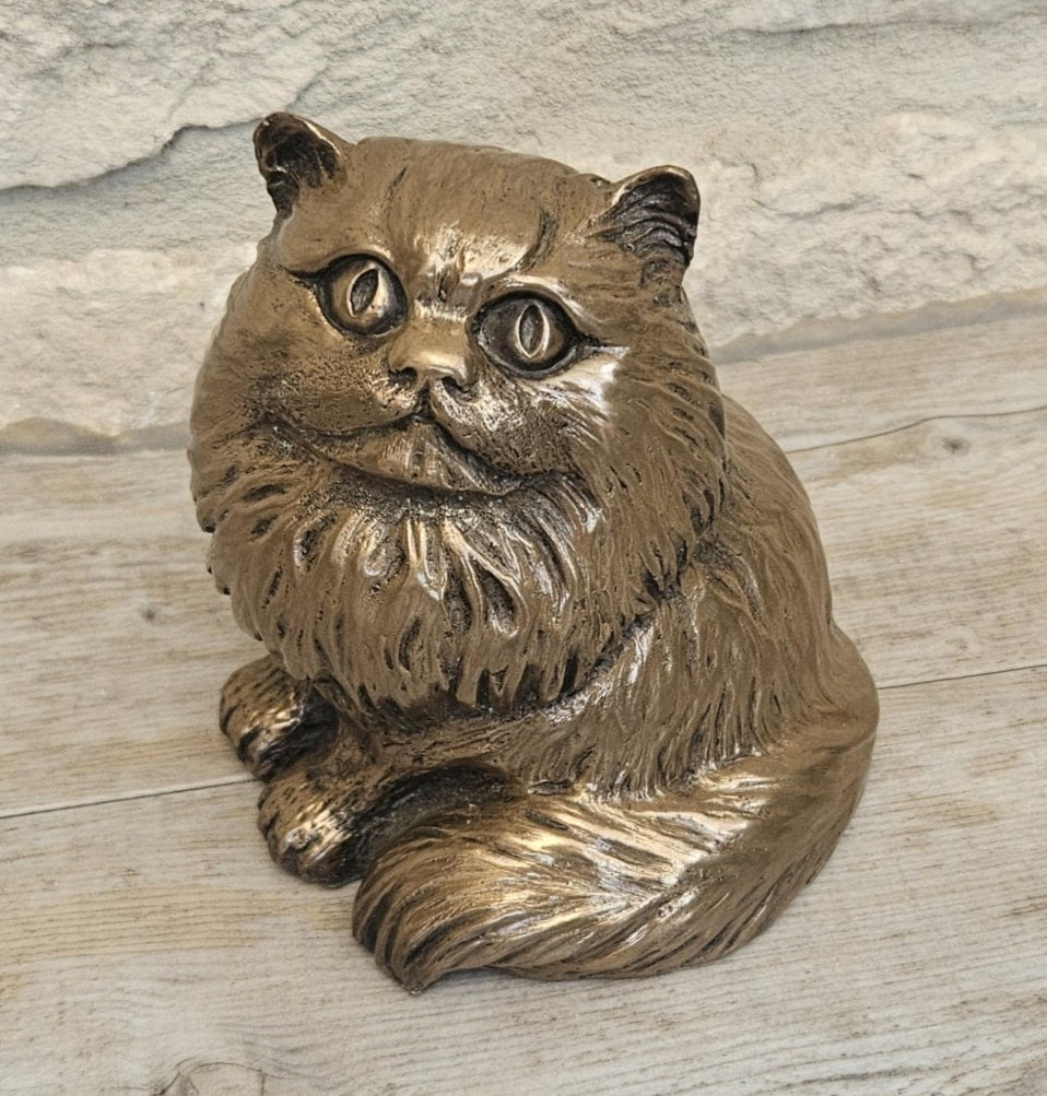 Vintage Heavy Sitting Fat Cat Figure Sculpture Cold Cast Bronze-Resin Signed 11cm Tall