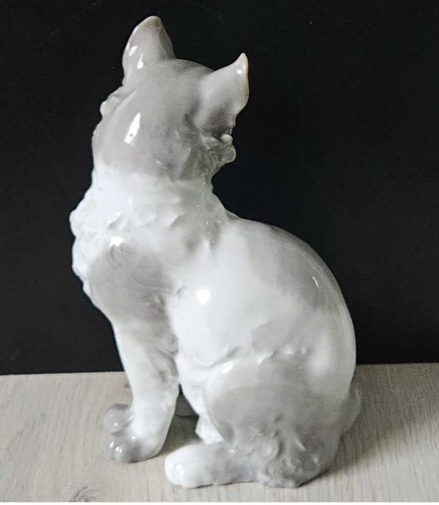 Vintage Cat Ornament Grey White Glazed Porcelain Sitting Cat Pointy Ears 8" Tall