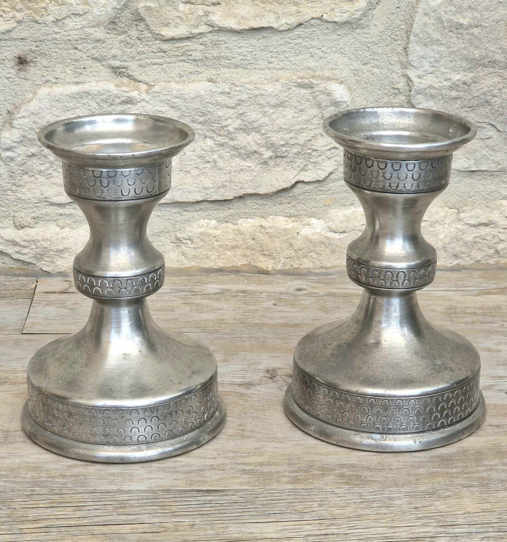 Vintage Norwegian Pewter Candlesticks Pair Olav Cook Mid Century Scandinavian Viking Decor
