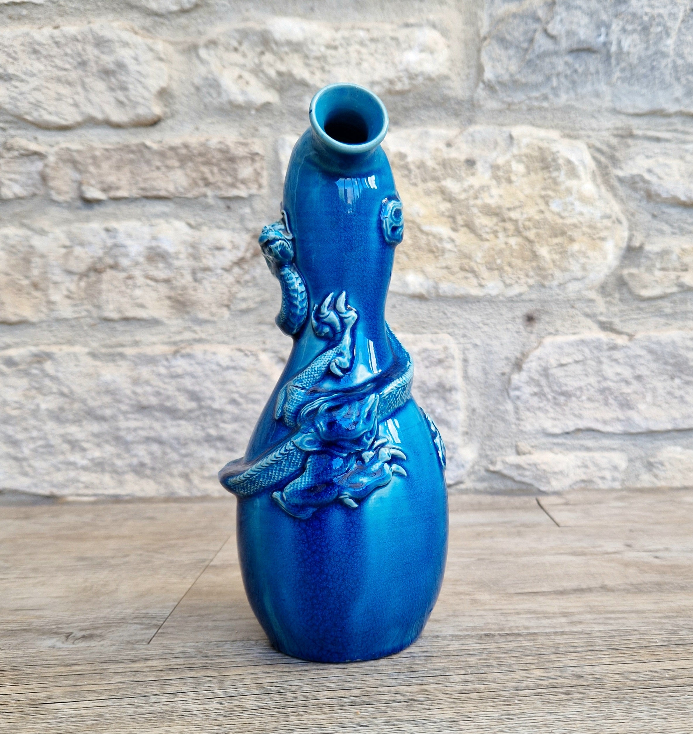 Antique Japanese Awaji Meiji Period Turquoise Pottery Dragon Bottle Vase