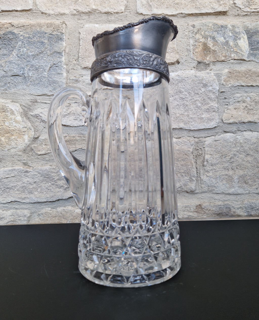 English Heavy Cut Glass & Pewter Water Pitcher Circa 1890 Antique Crystal