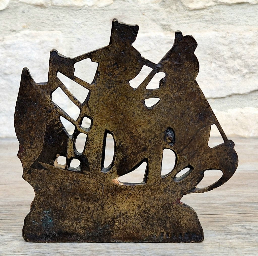 1920s Antique Sand Cast Bronze Mayflower Ship Bookend Paperweight Pattern 110 Original Paint