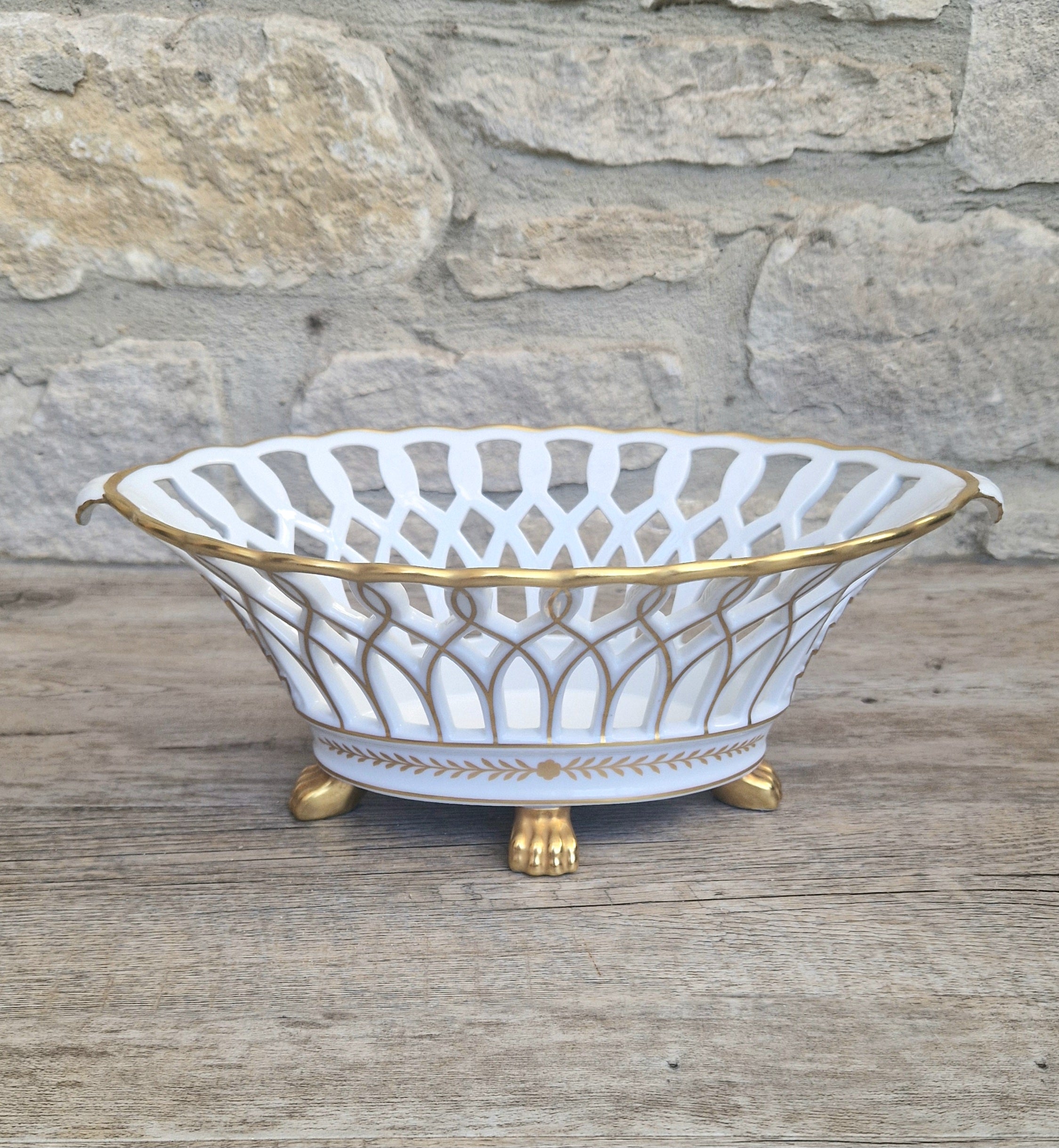 Large Vista Alegre Reticulated White & Gold Ceramic Basket Fruit Bowl Old Paris Style