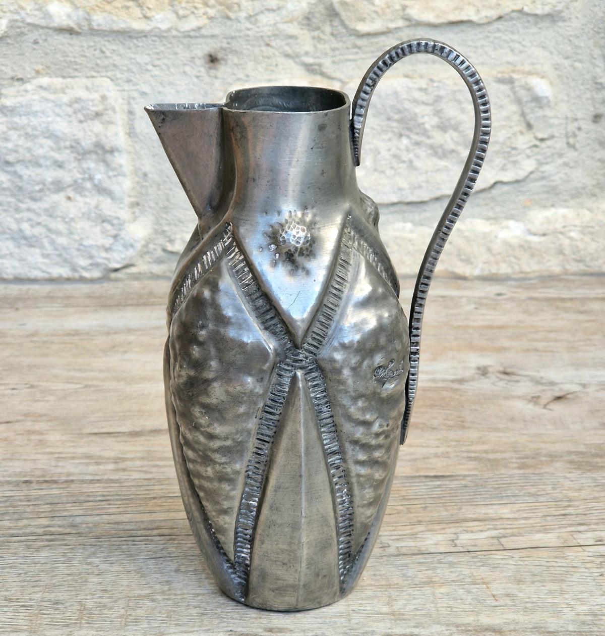 Antique French Art Deco Pewter Pitcher by Alice and Eugene Chanal Hand Hammered Jug Signed