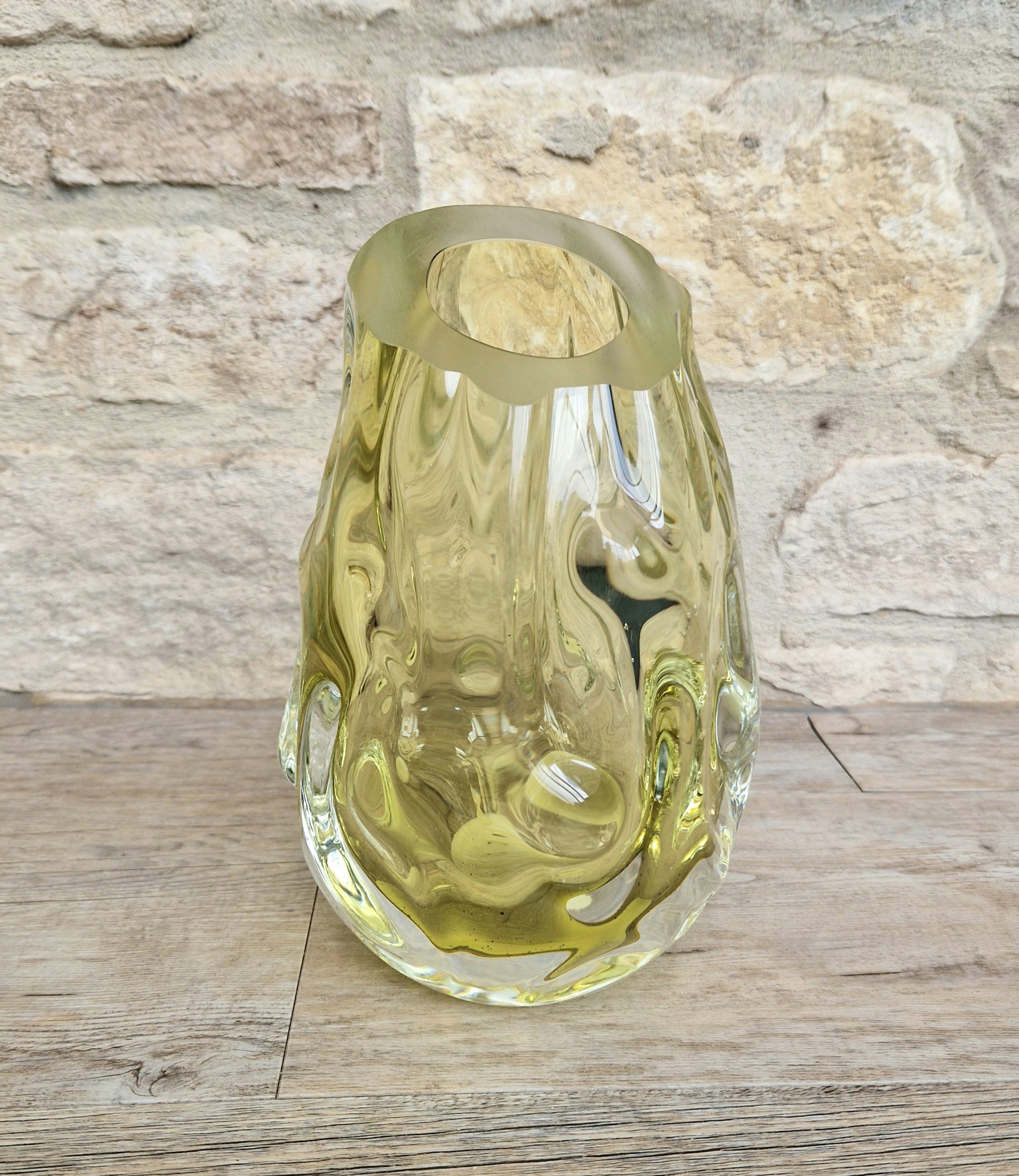 Murano Burri Glass Asymetrical Vase Light Olive Green Heavy Textured Vintage