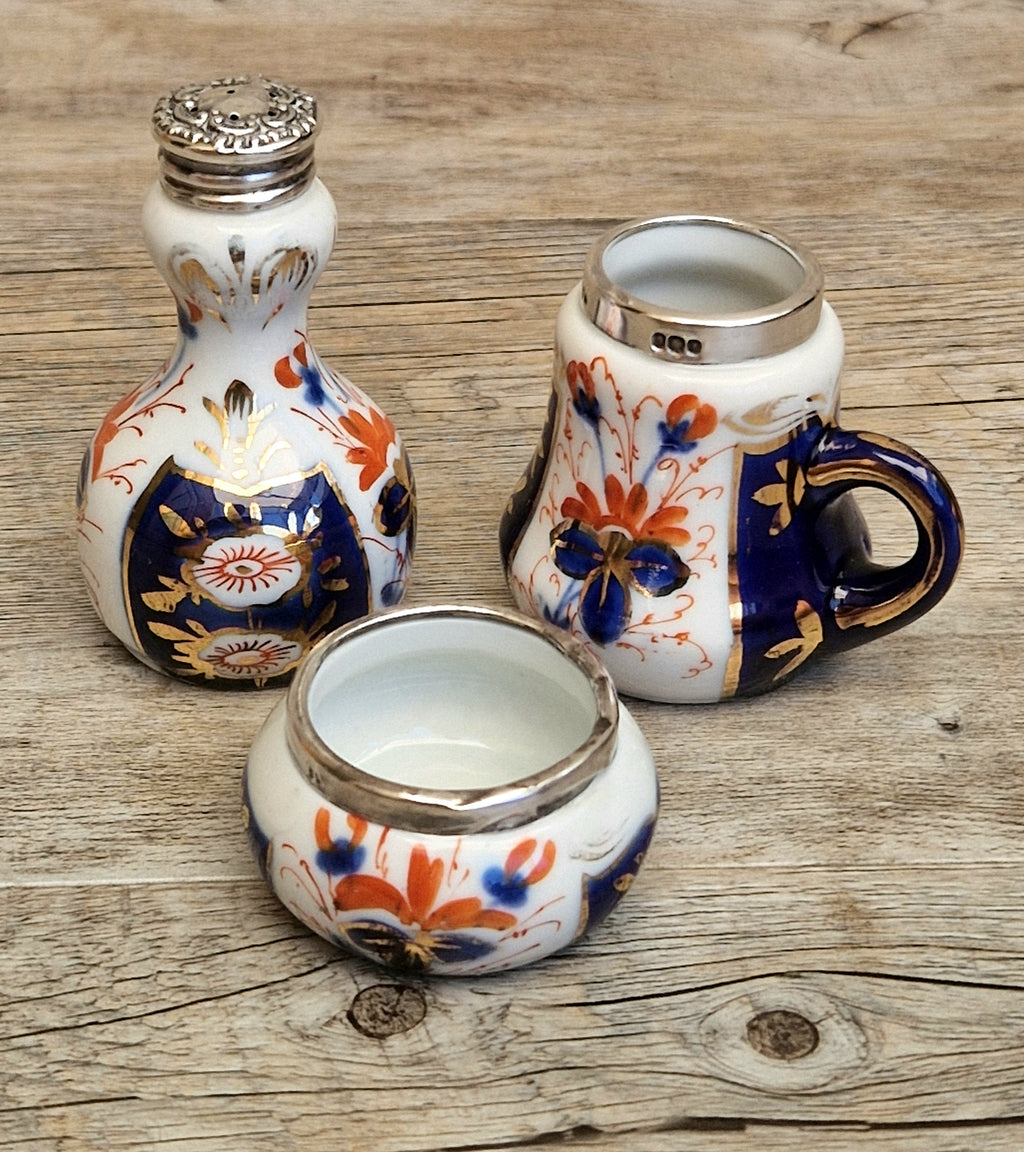 Antique 1904 London Sterling Silver Imari Cruet Set Salt Pepper Mustard Pot Victorian Condiment