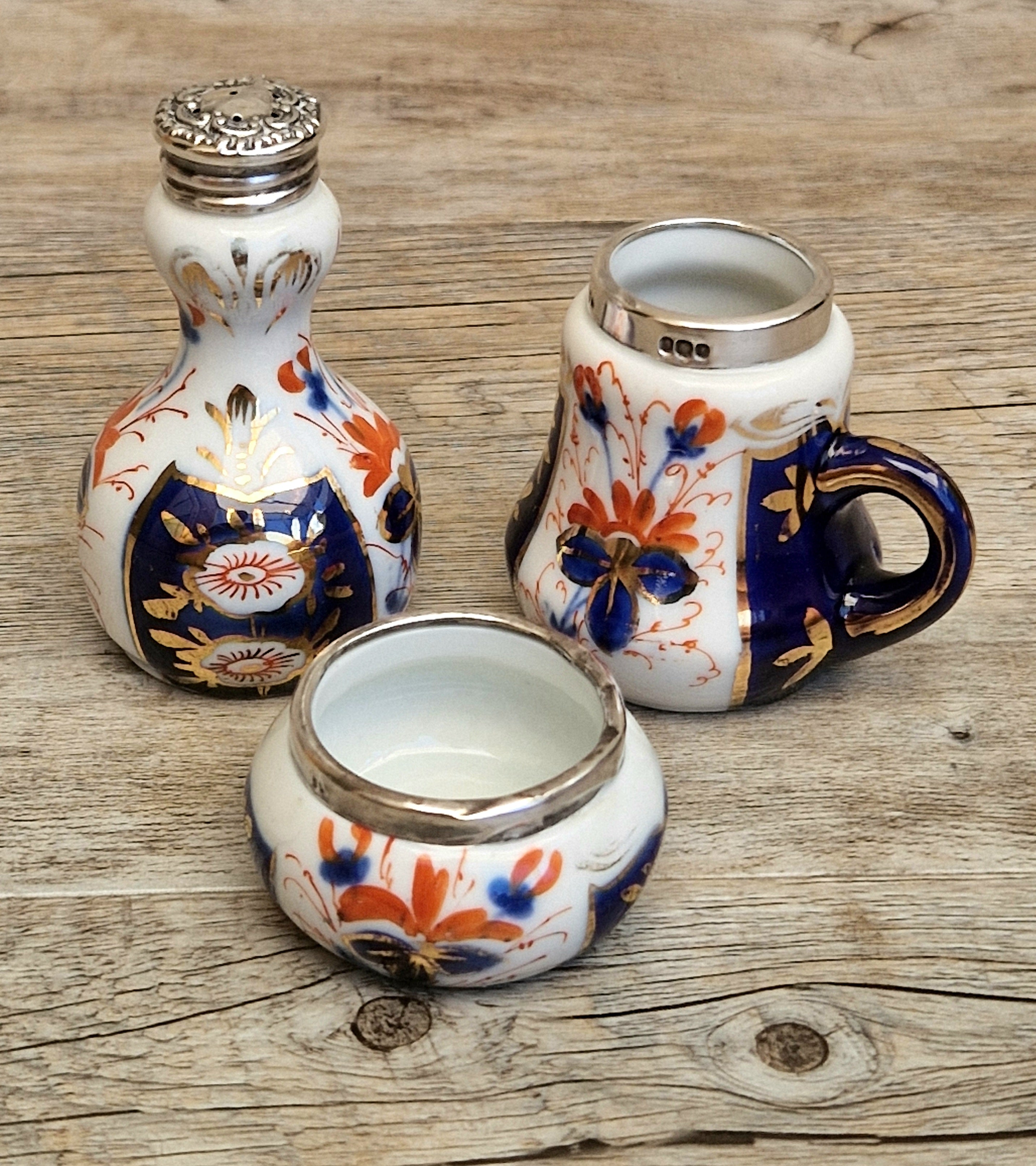 Antique 1904 London Sterling Silver Imari Cruet Set Salt Pepper Mustard Pot Victorian Condiment