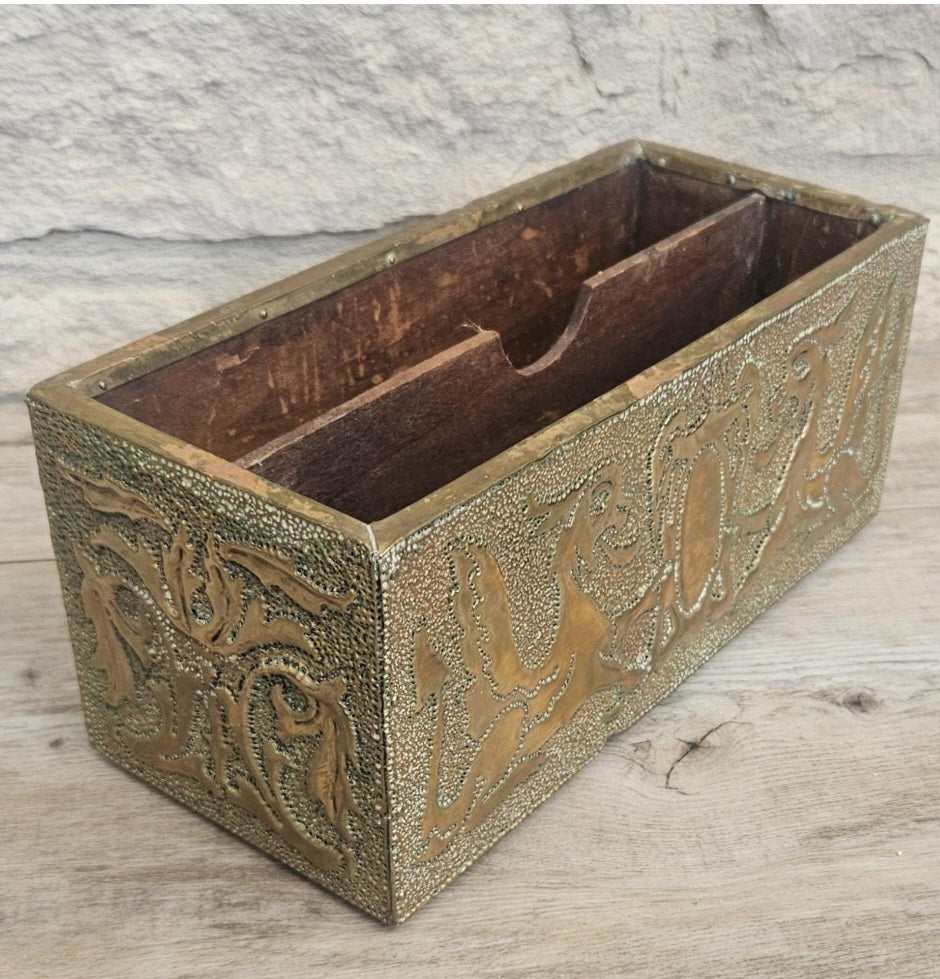 Arts and Crafts Letter Holder Brass and Wood Celtic Dragons England