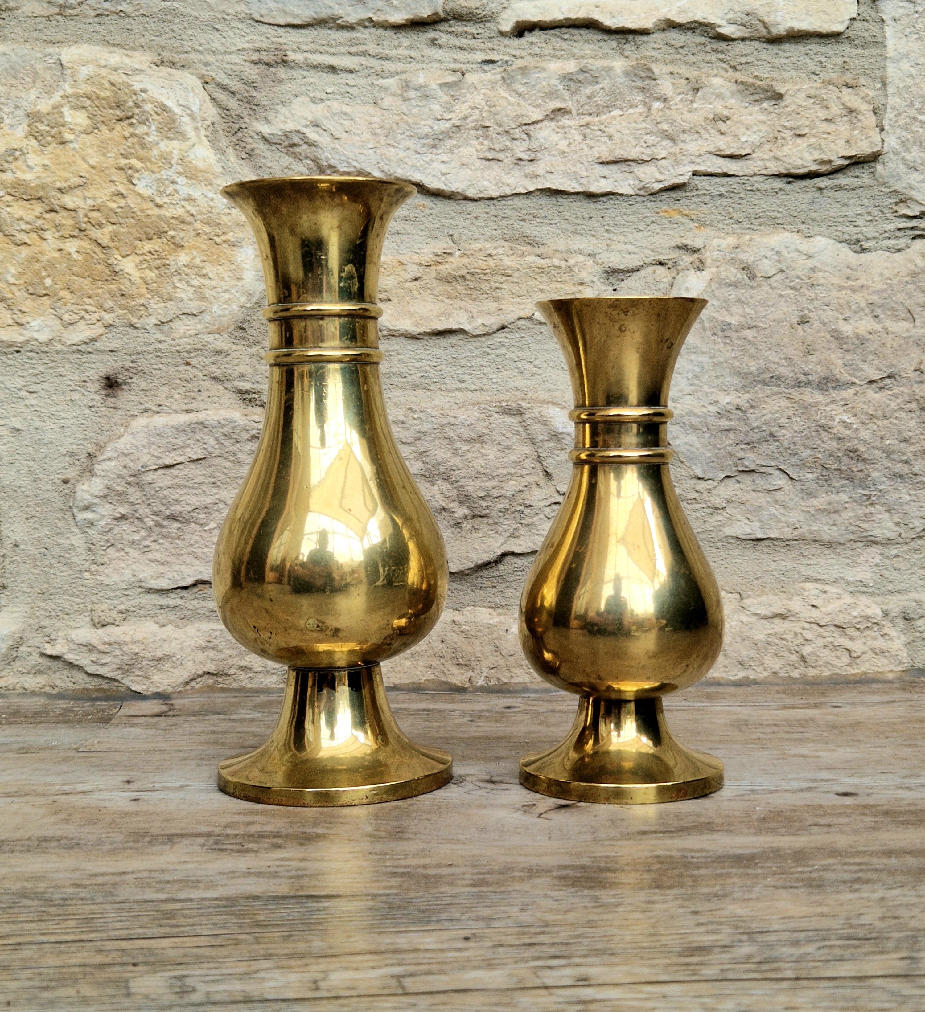 Antique Brass Altar Vases Flared Rim Heavy Pedestal Ecclesiastical Decor Early 20th C.