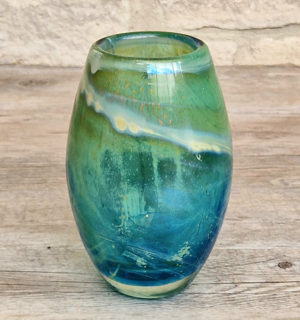 Vintage Mdina Maltese Art Glass Tiger Vase 16cm Signed Mid Century Blue Green 1kg