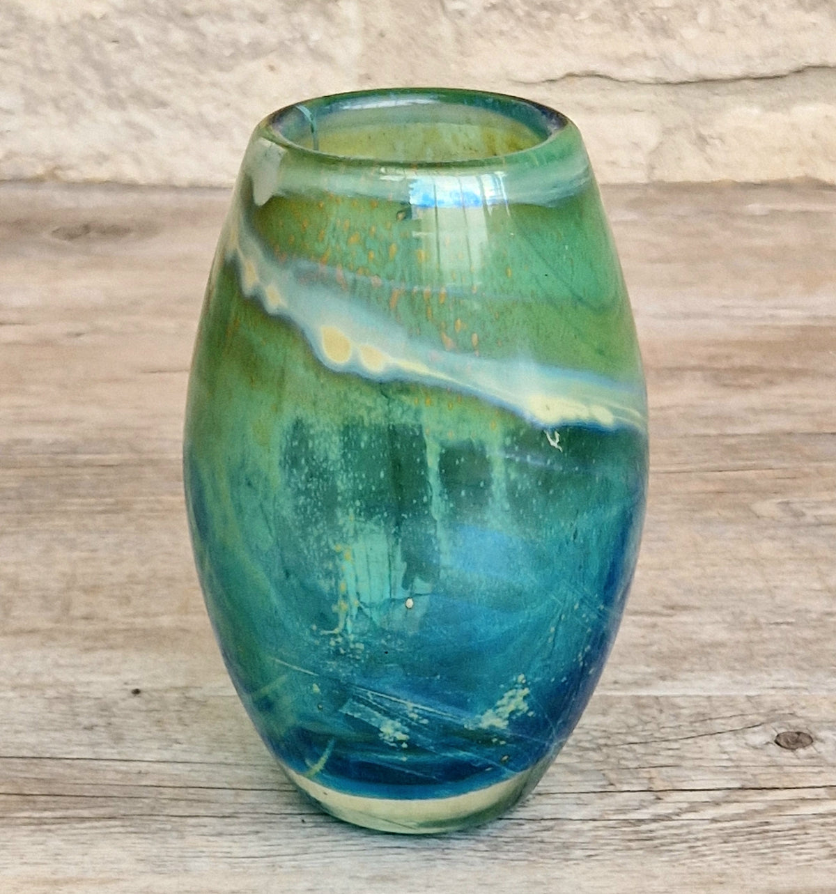 Vintage Mdina Maltese Art Glass Tiger Vase 16cm Signed Mid Century Blue Green 1kg